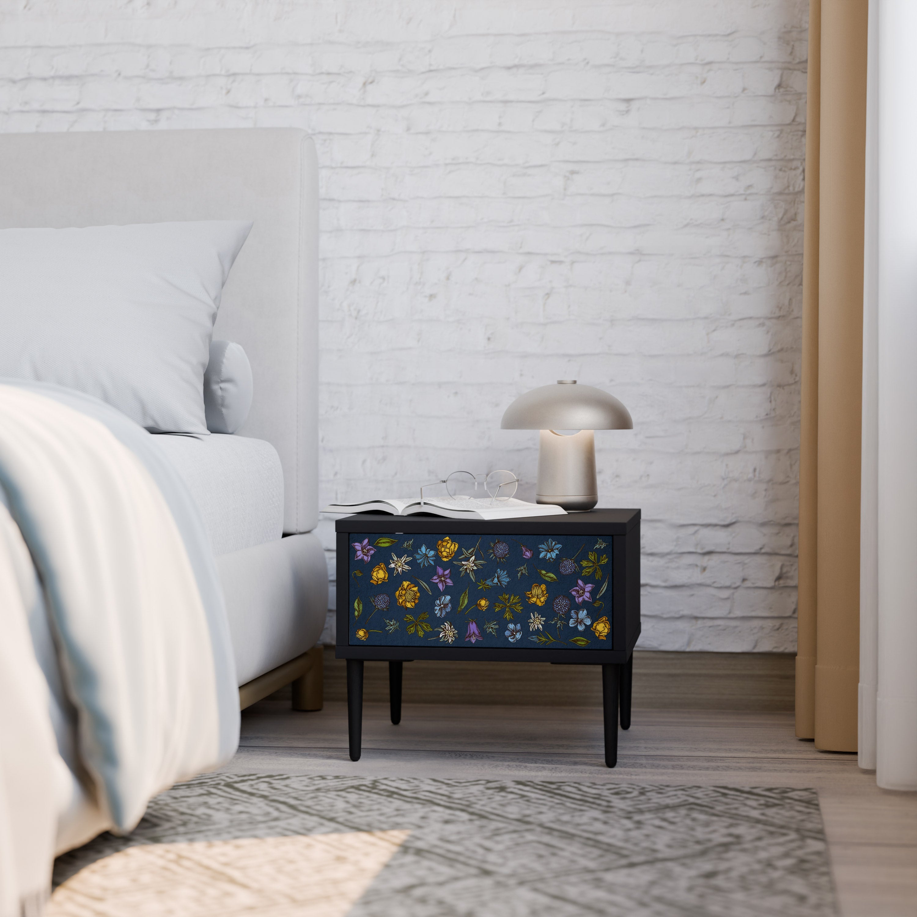 FLOWERS ON NAVY BLUE Mesa de Cabeceira em Acabamento Preto