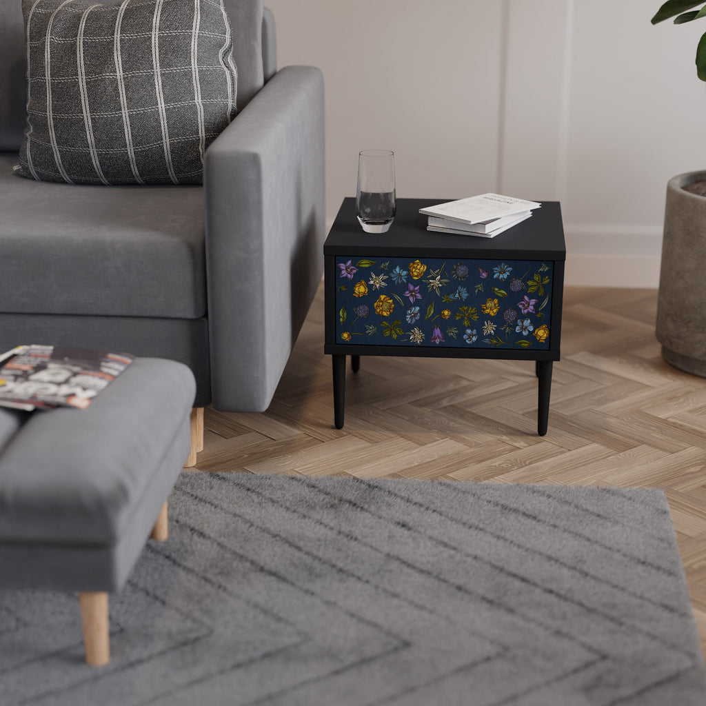 FLOWERS ON NAVY BLUE Mesa de Cabeceira em Acabamento Preto