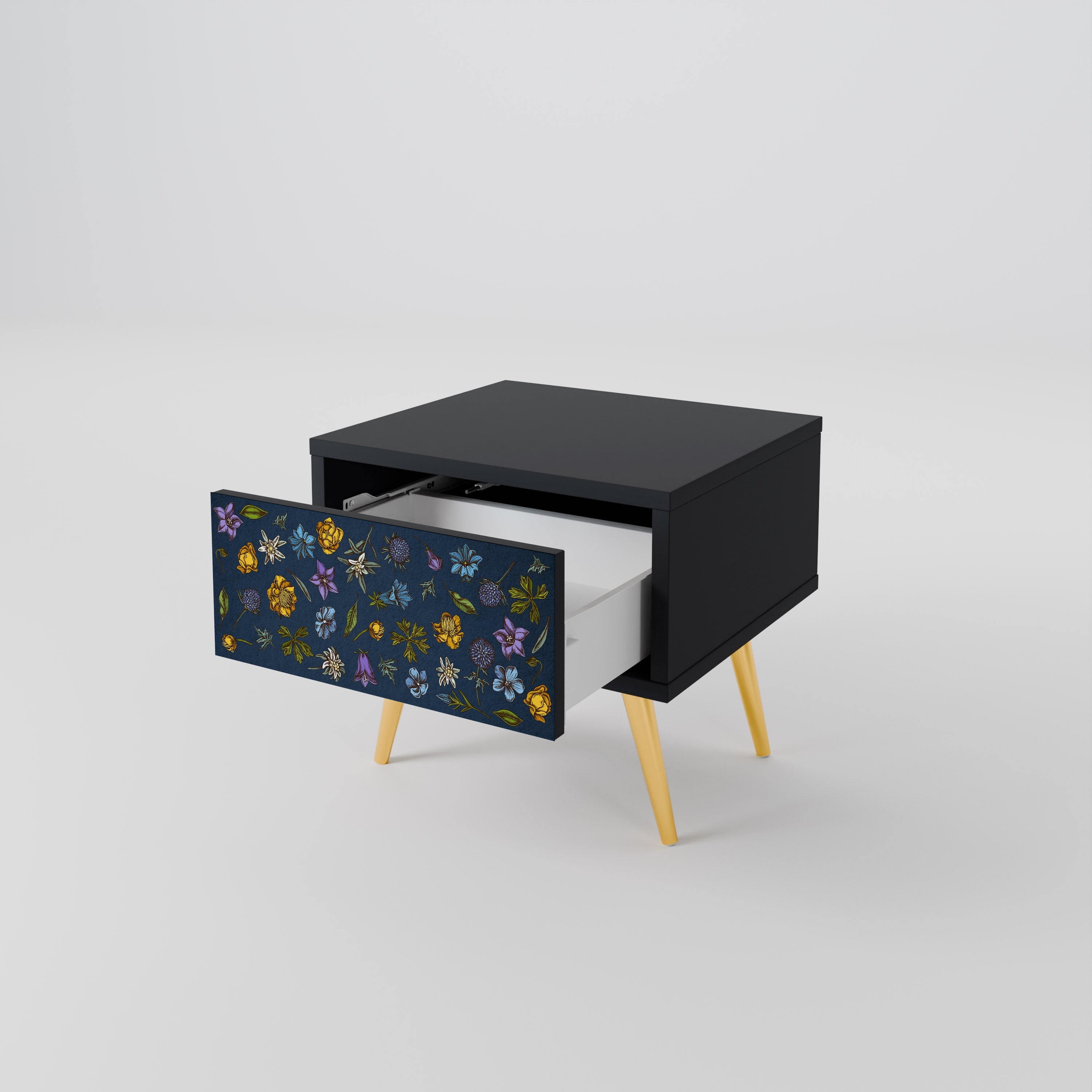 FLOWERS ON NAVY BLUE Mesa de Cabeceira em Acabamento Preto