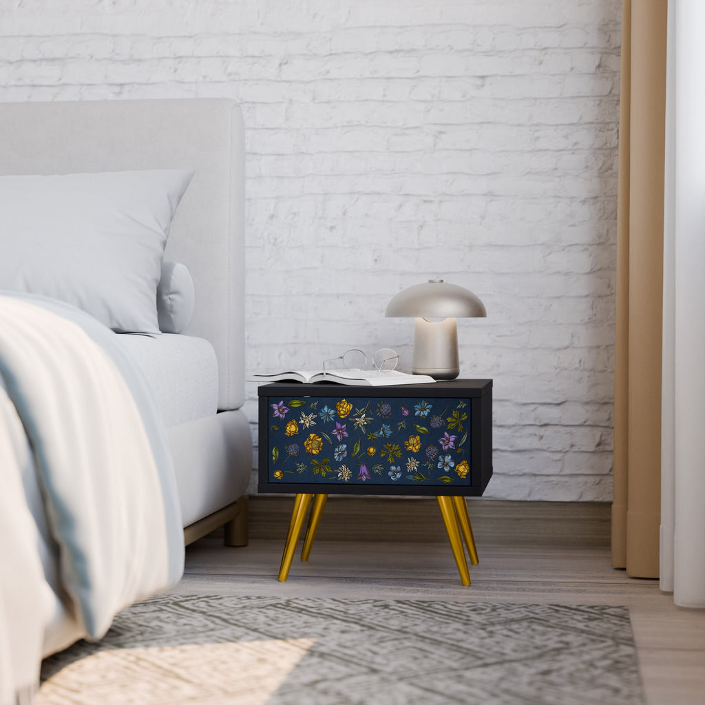 FLOWERS ON NAVY BLUE Mesa de Cabeceira em Acabamento Preto