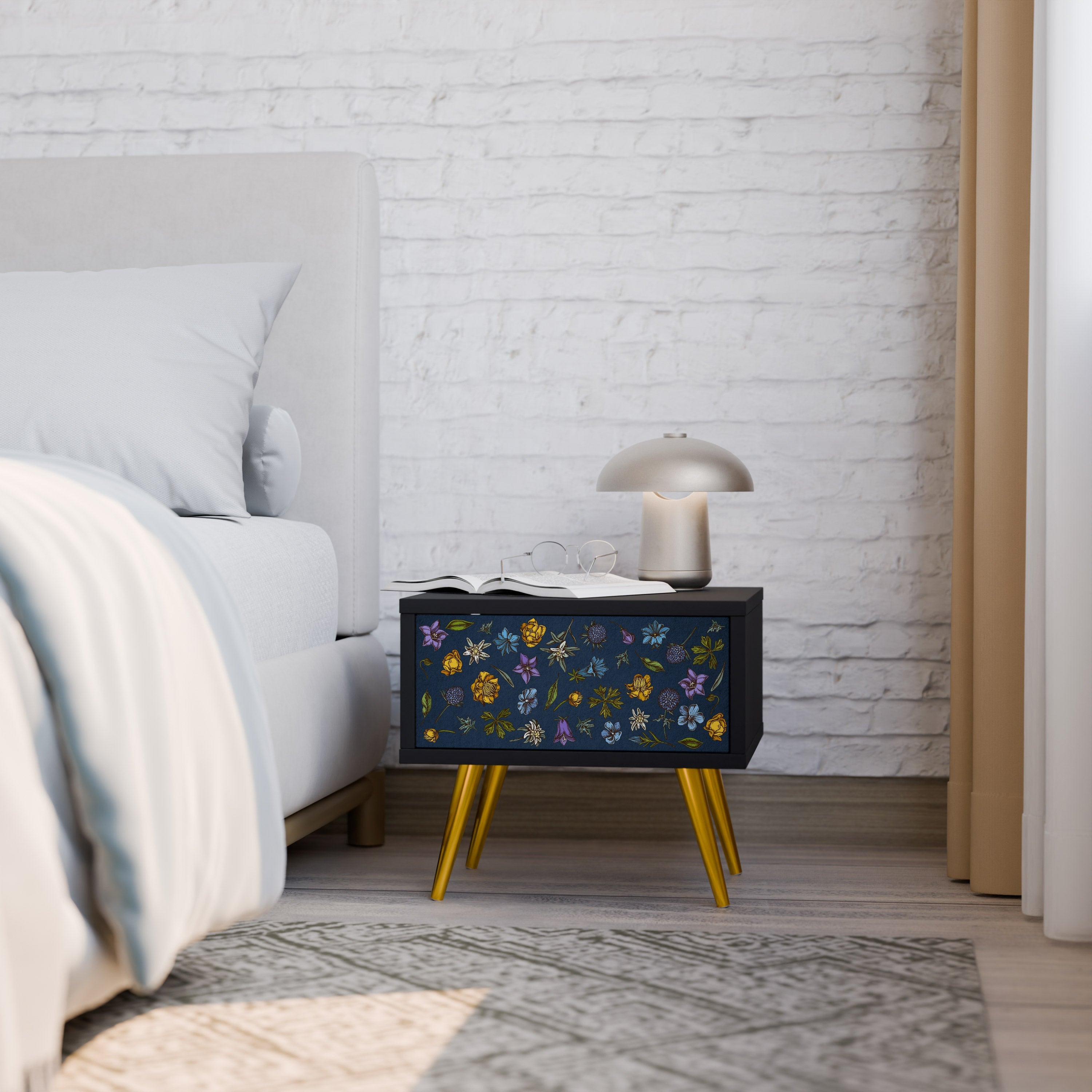 FLOWERS ON NAVY BLUE Mesa de Cabeceira em Acabamento Preto