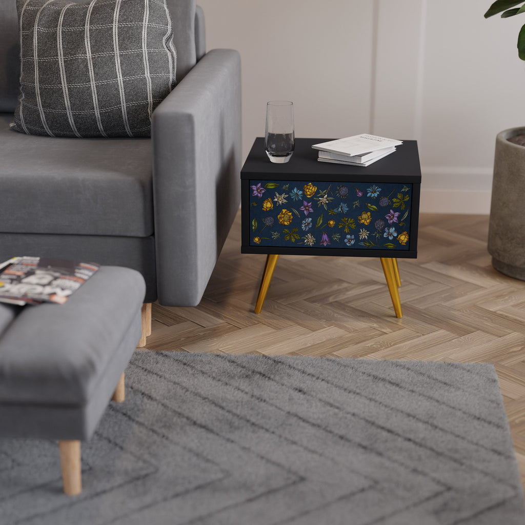 FLOWERS ON NAVY BLUE Mesa de Cabeceira em Acabamento Preto