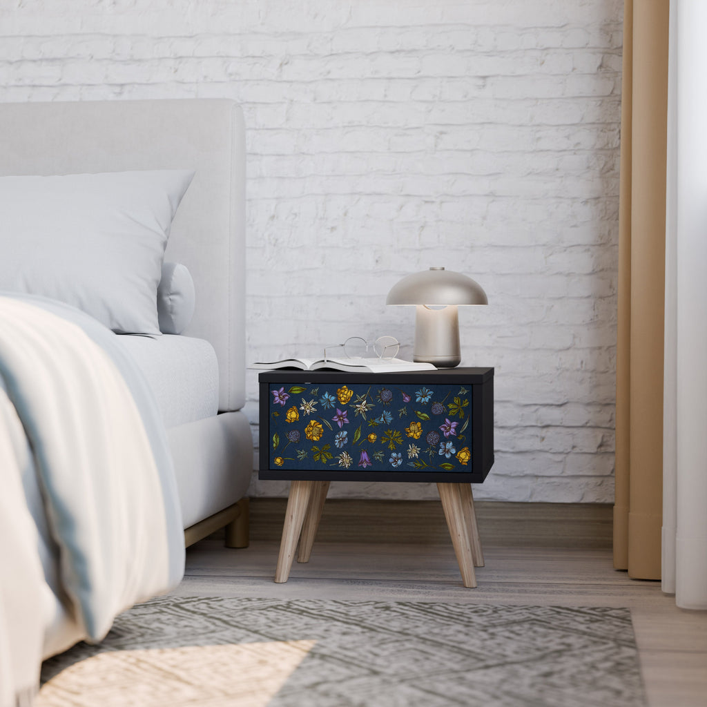 FLOWERS ON NAVY BLUE Mesa de Cabeceira em Acabamento Preto