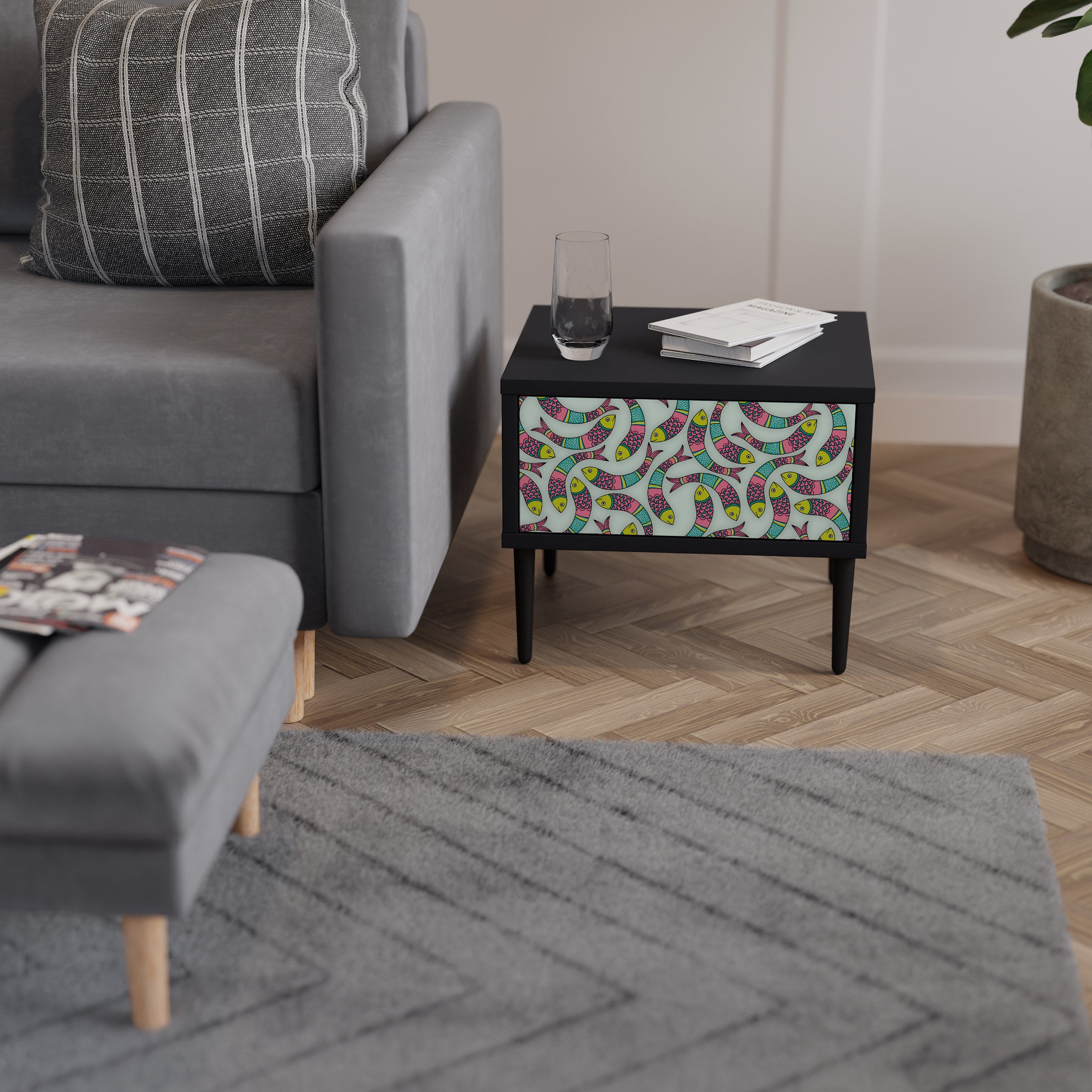 INDIAN FISH Nightstand in Black Finish