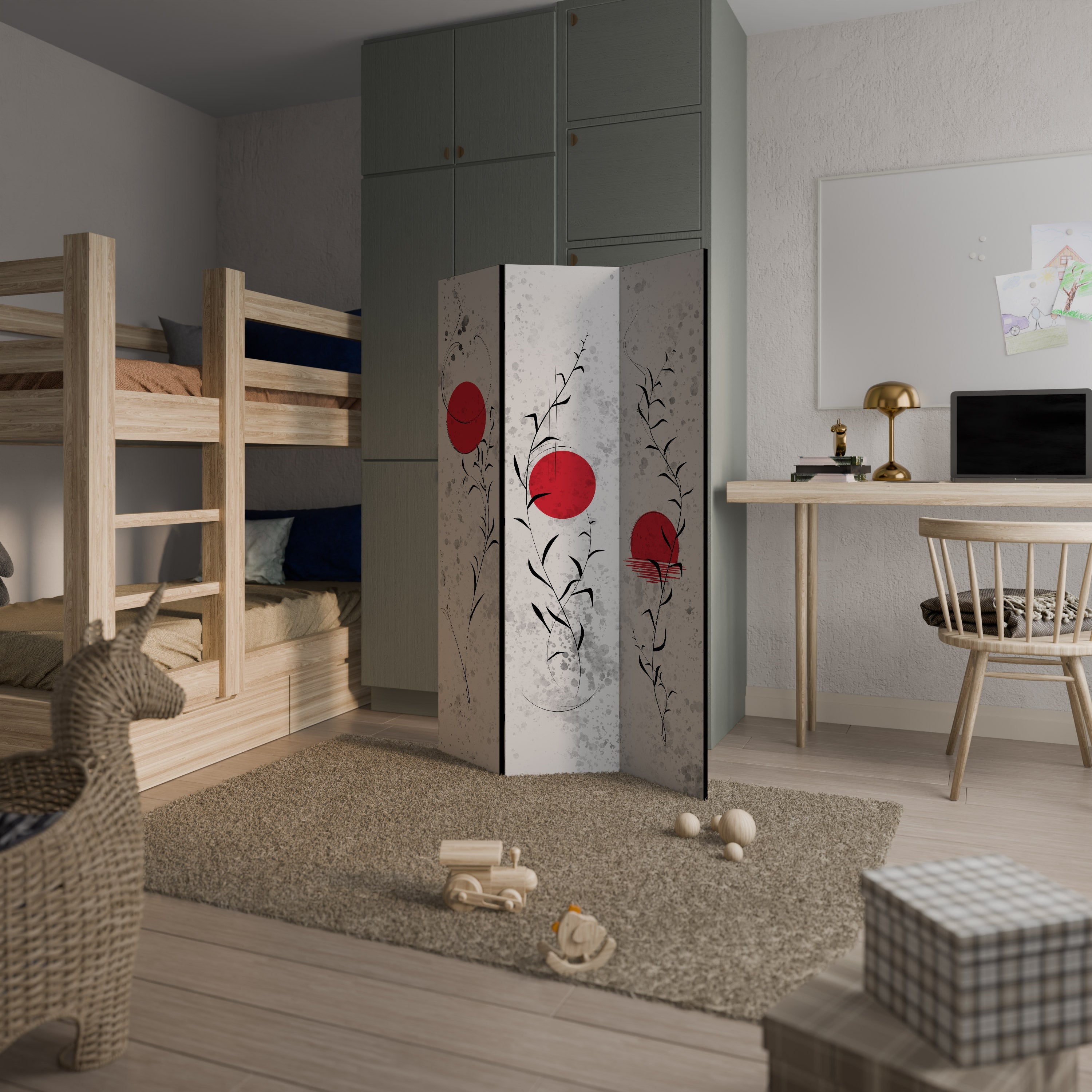 RED WHISPERS IN FOLIAGE Biombo Decorativo de 3 Painéis