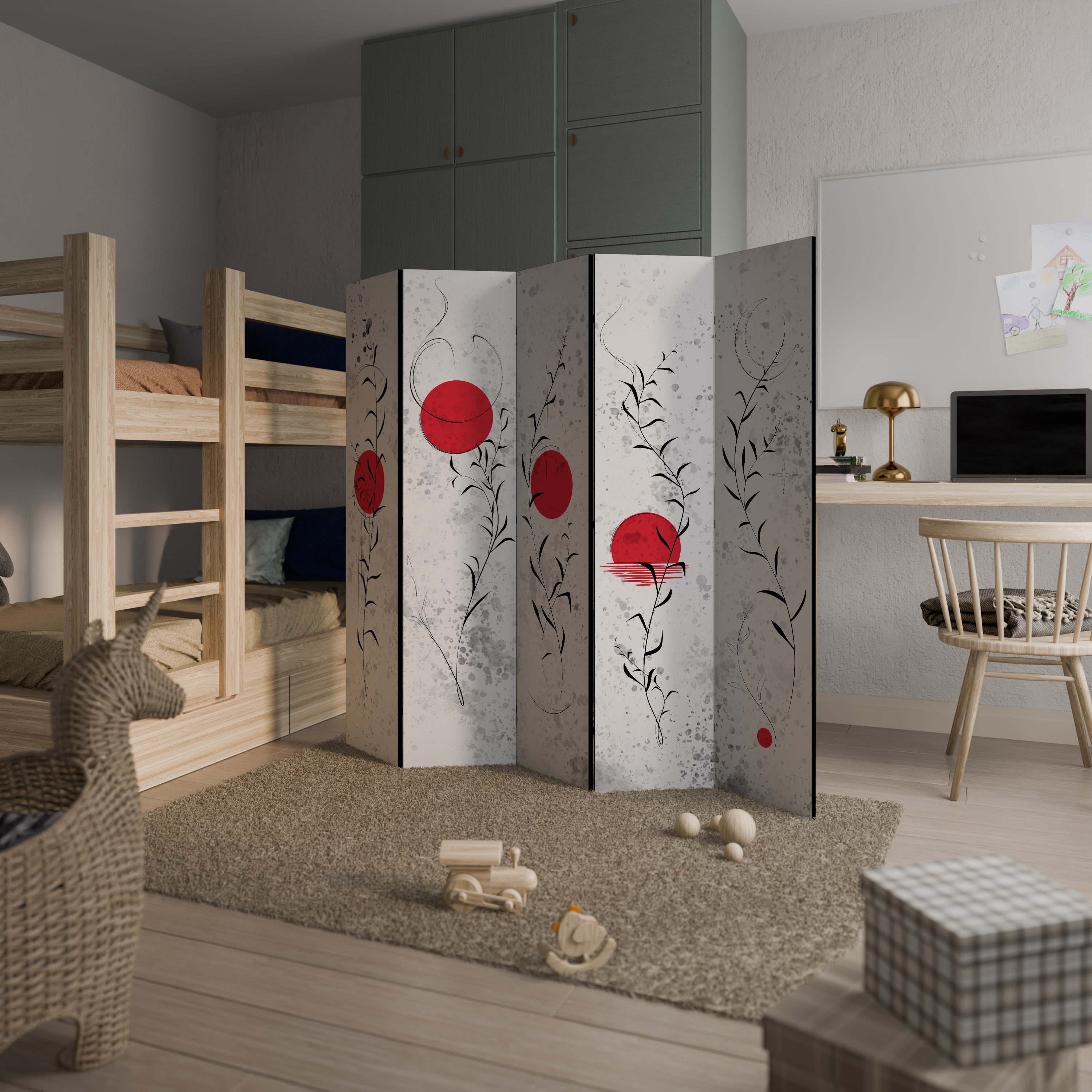 RED WHISPERS IN FOLIAGE Biombo Decorativo de 5 Painéis