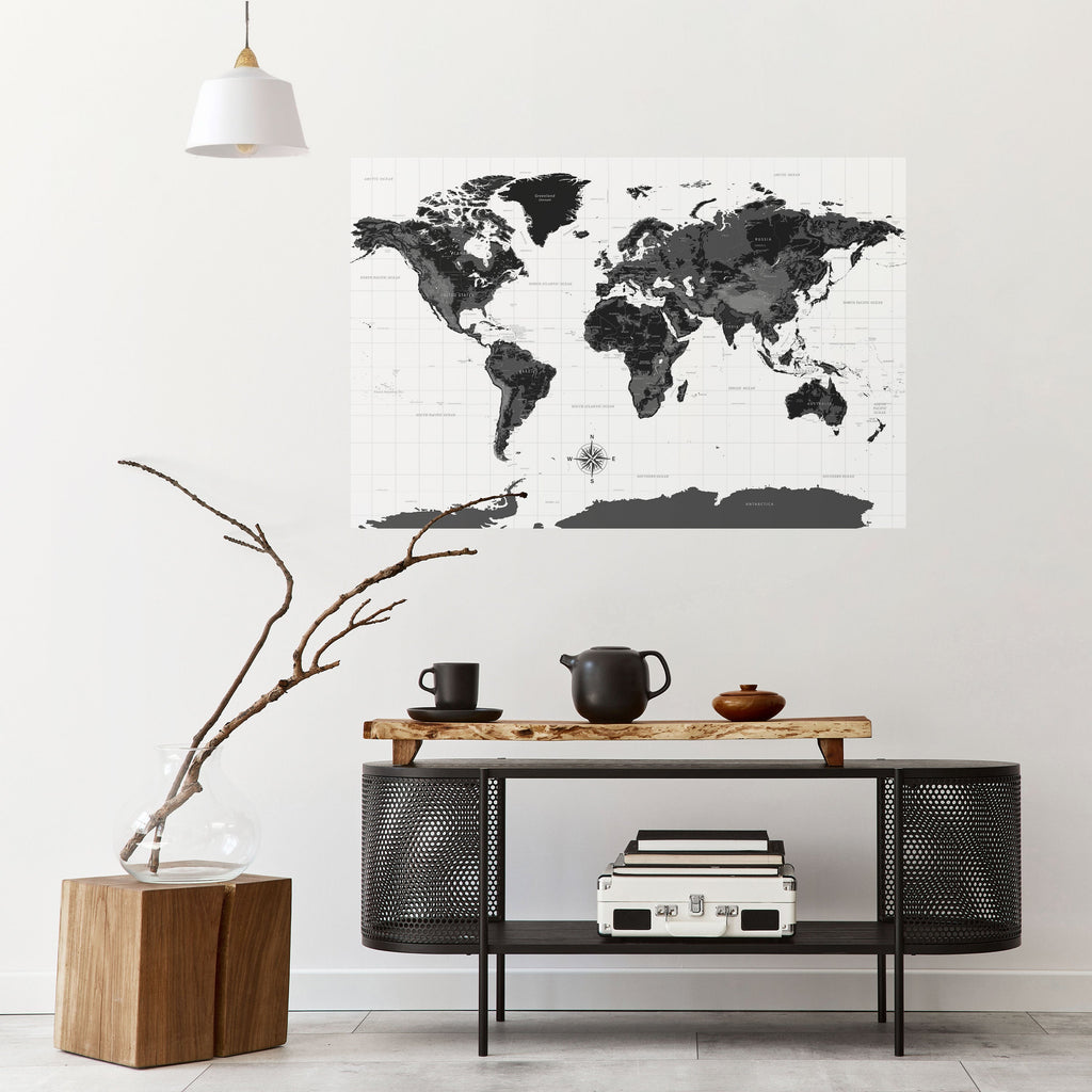 MONOCHROME EARTH MAP Peel and Stick Horizontal Poster