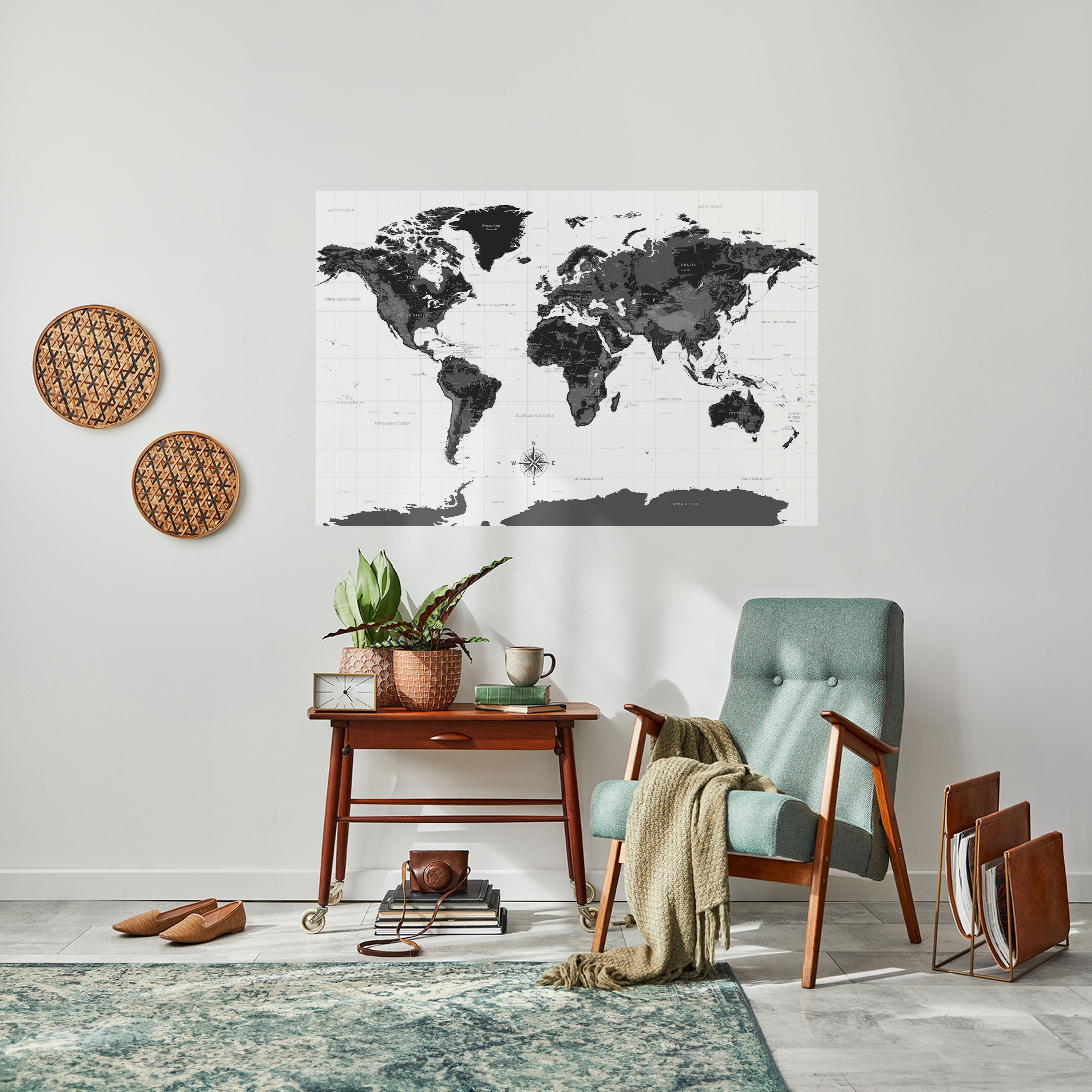 MONOCHROME EARTH MAP Peel and Stick Horizontal Poster