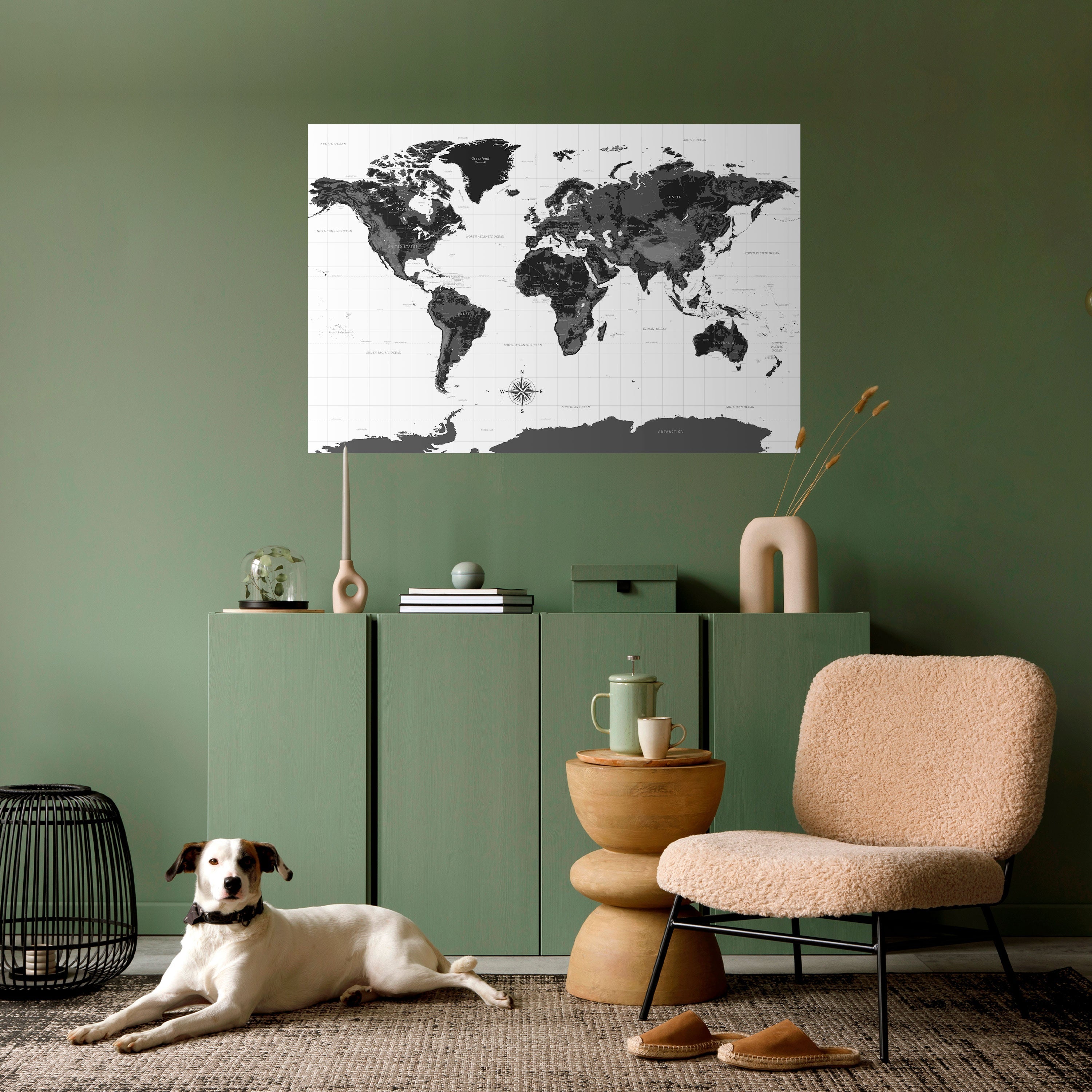 MONOCHROME EARTH MAP Peel and Stick Horizontal Poster