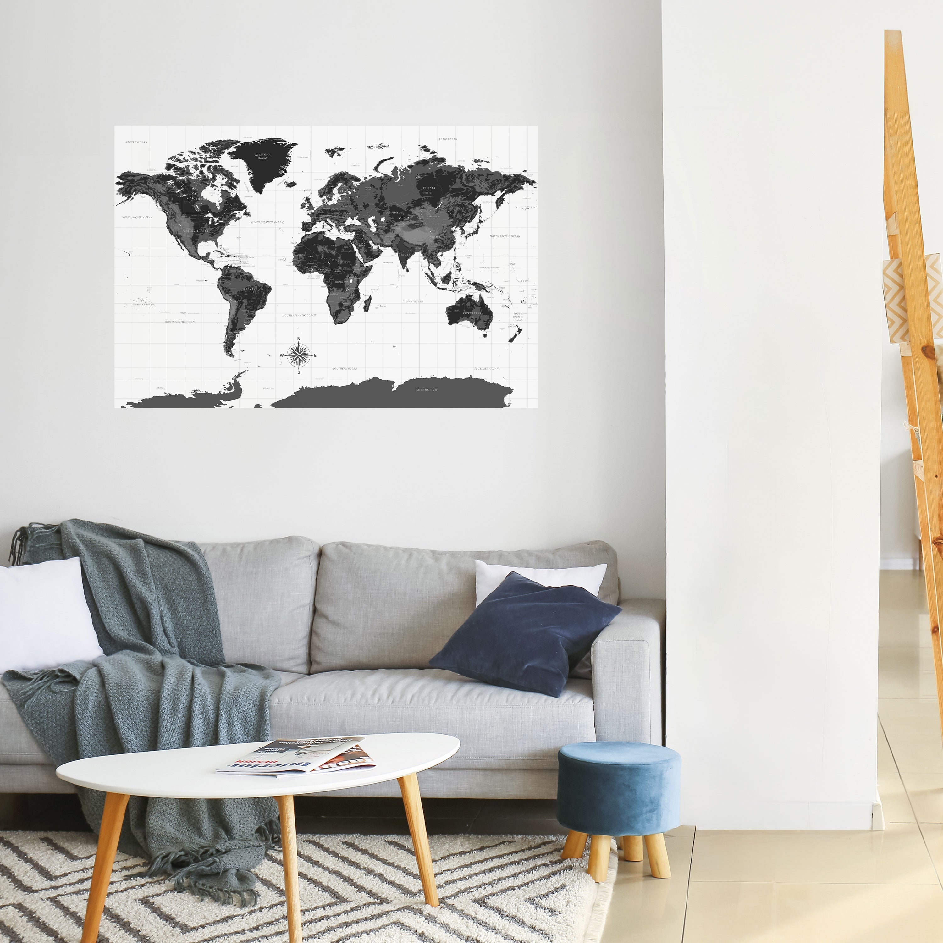 MONOCHROME EARTH MAP Peel and Stick Horizontal Poster
