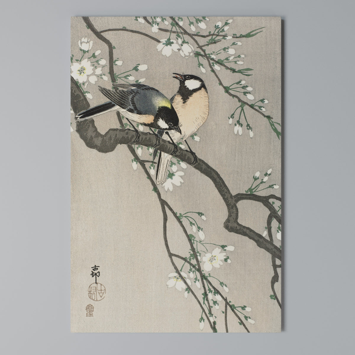 TITS ON CHERRY BRANCH Vertical Canvas Print