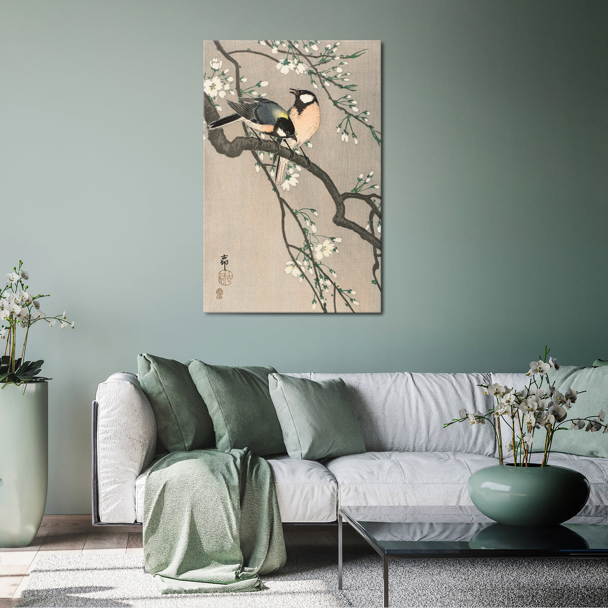 TITS ON CHERRY BRANCH Vertical Canvas Print