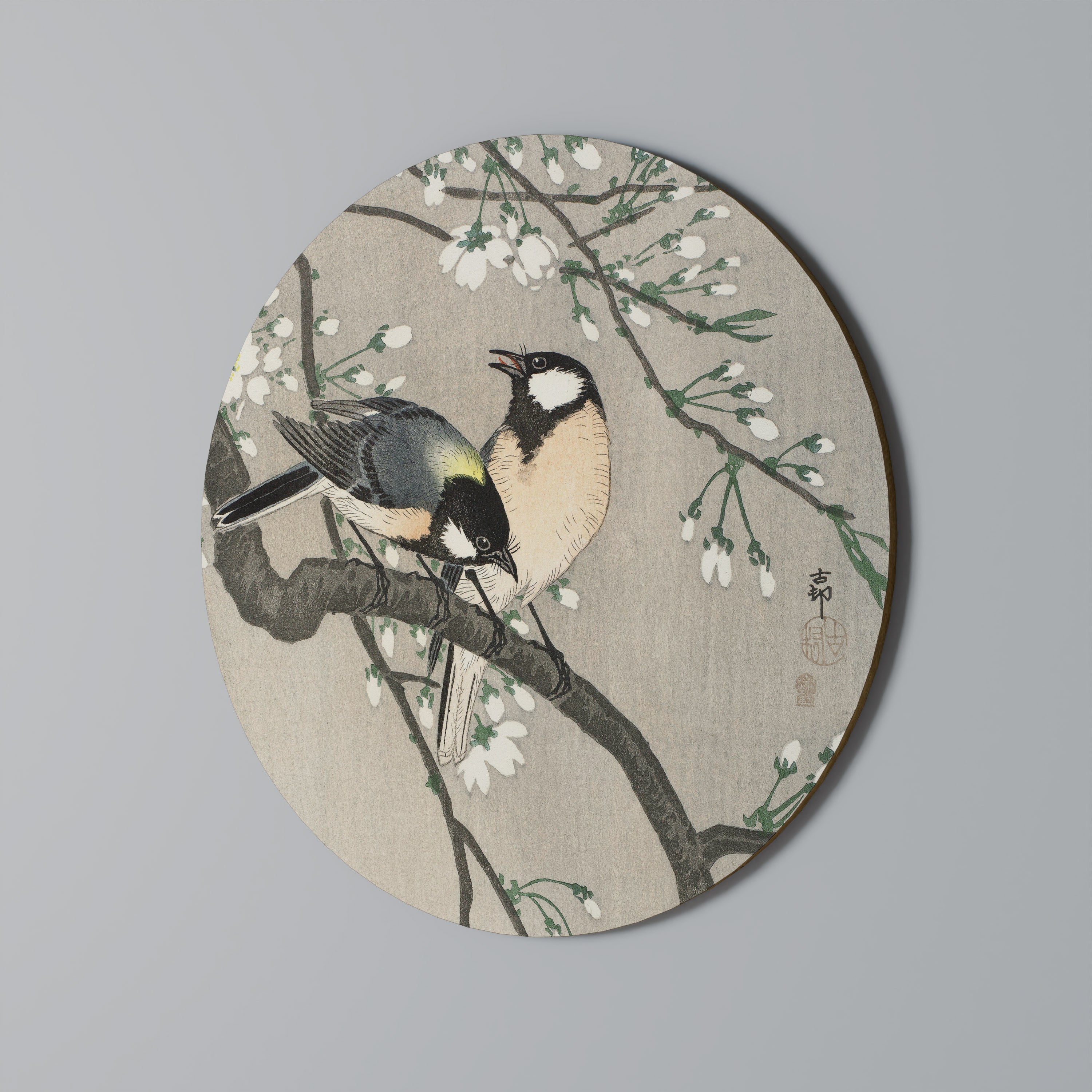 TITS ON CHERRY BRANCH Round Wall Art
