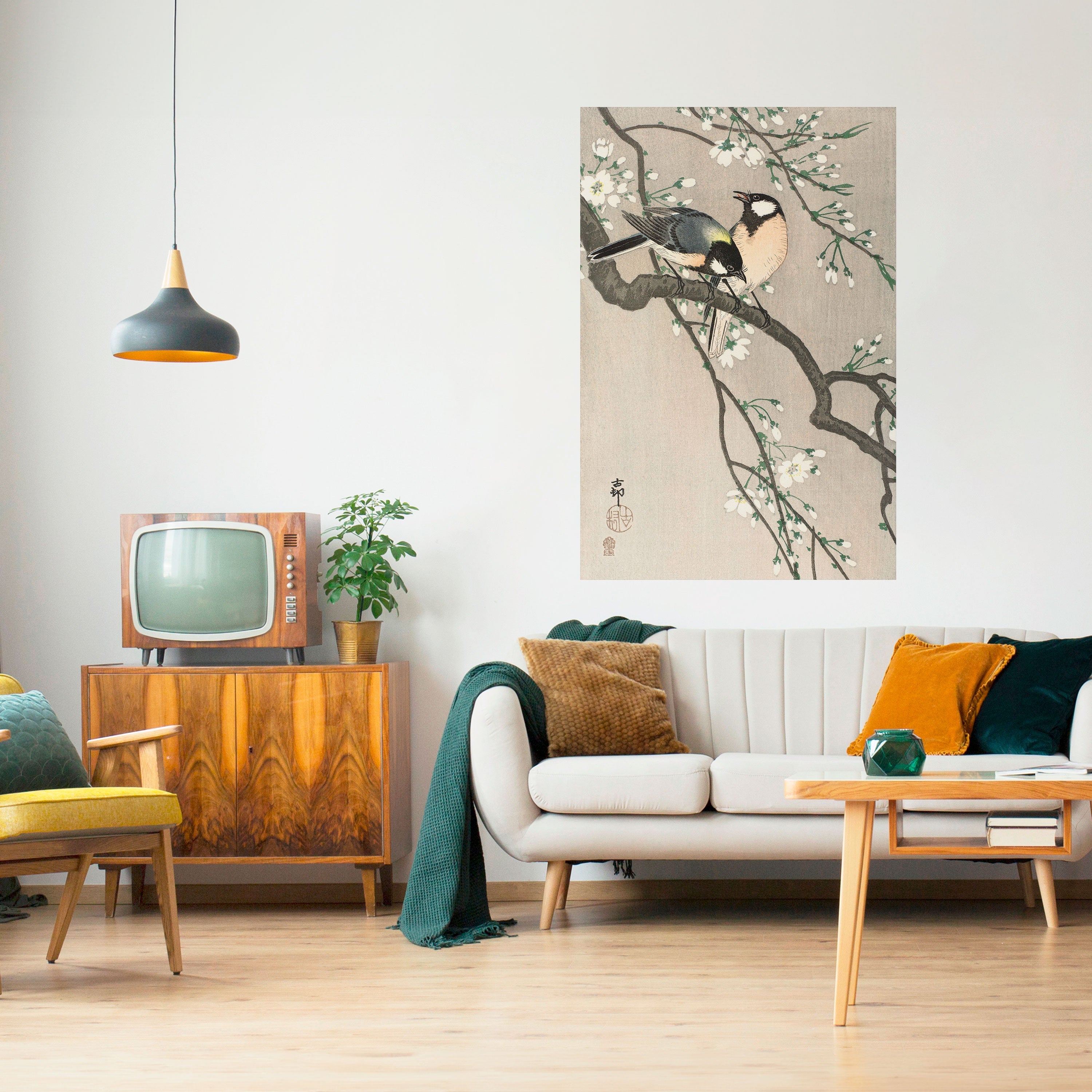 TITS ON CHERRY BRANCH Peel and Stick Vertical Poster