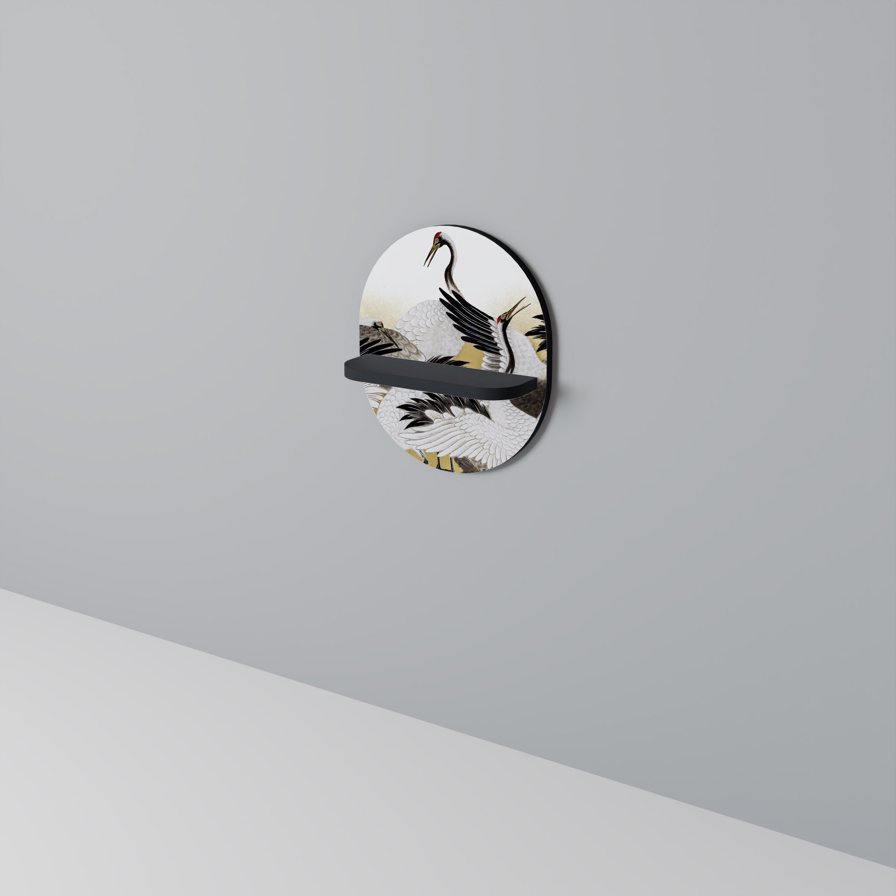 JAPANESE FLOCK OF CRANES Prateleira Oval Decorativa em Acabamento Preto