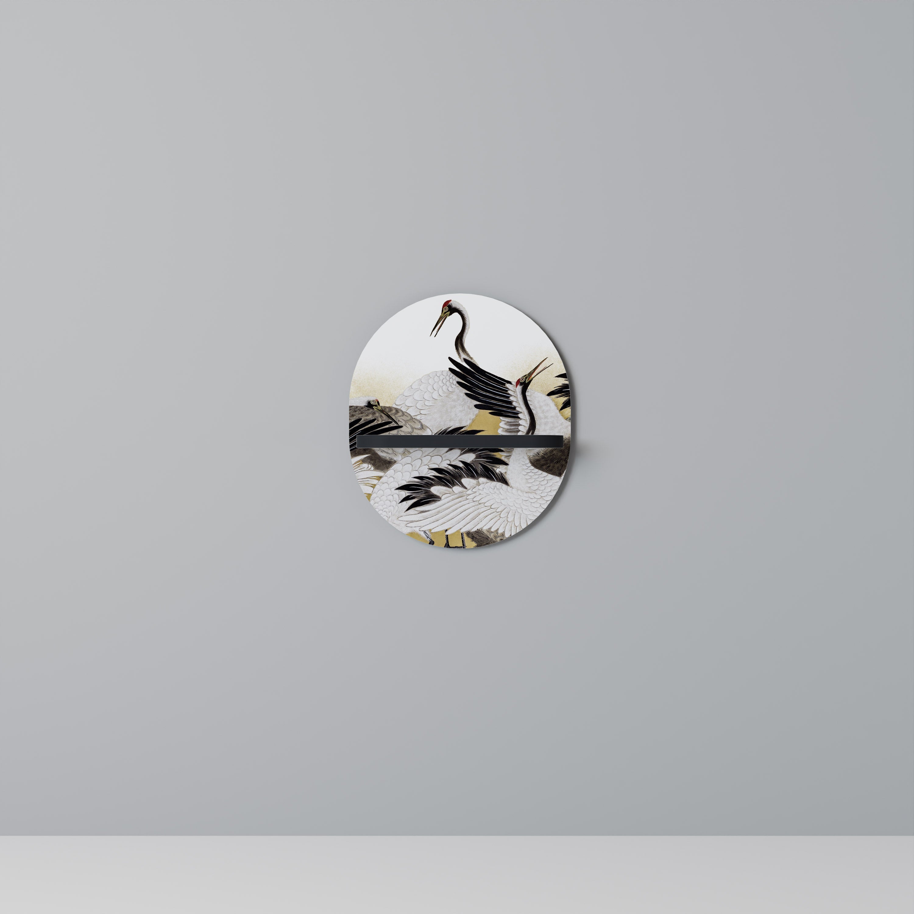 JAPANESE FLOCK OF CRANES Prateleira Oval Decorativa em Acabamento Preto