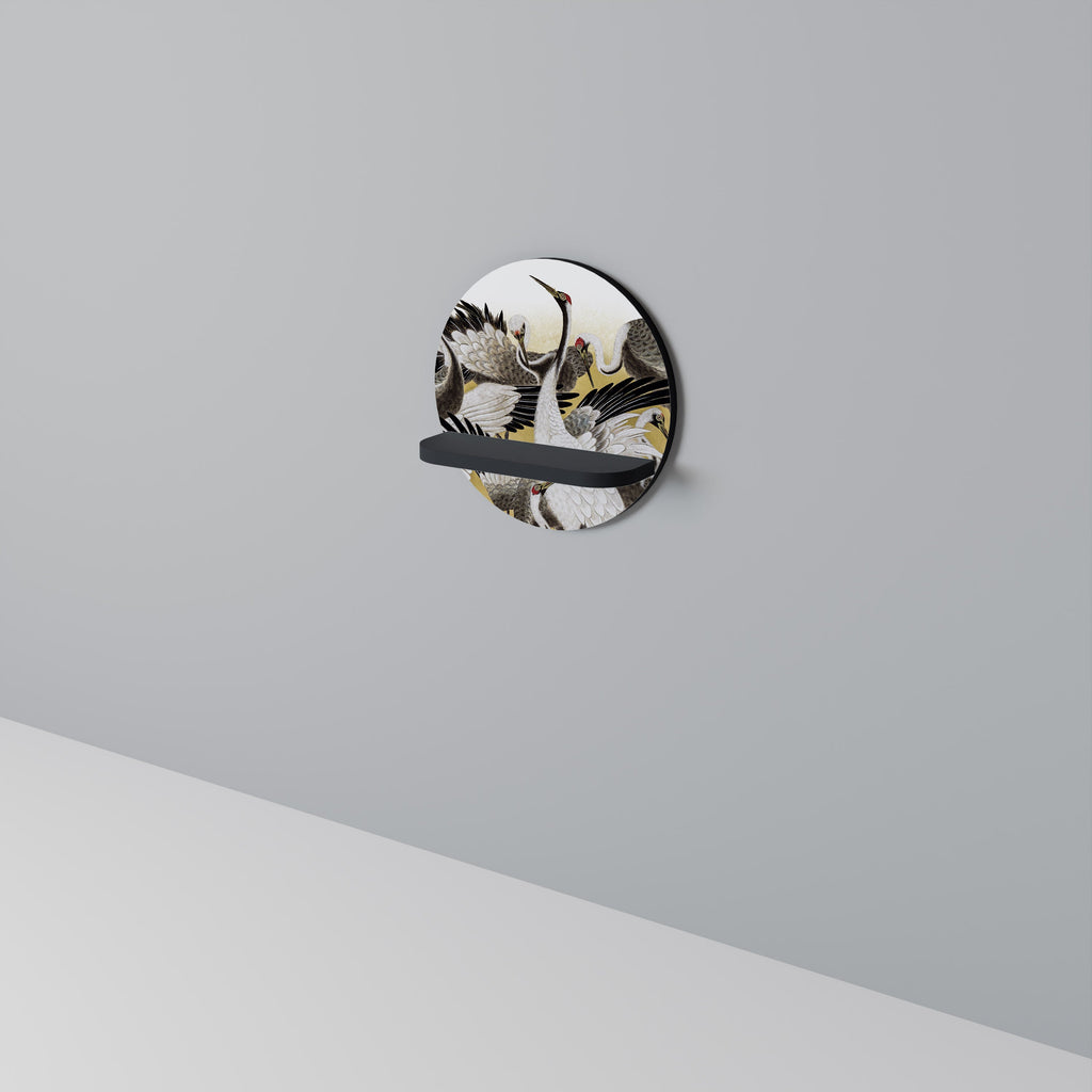 JAPANESE FLOCK OF CRANES Prateleira Redonda Decorativa em Acabamento Preto