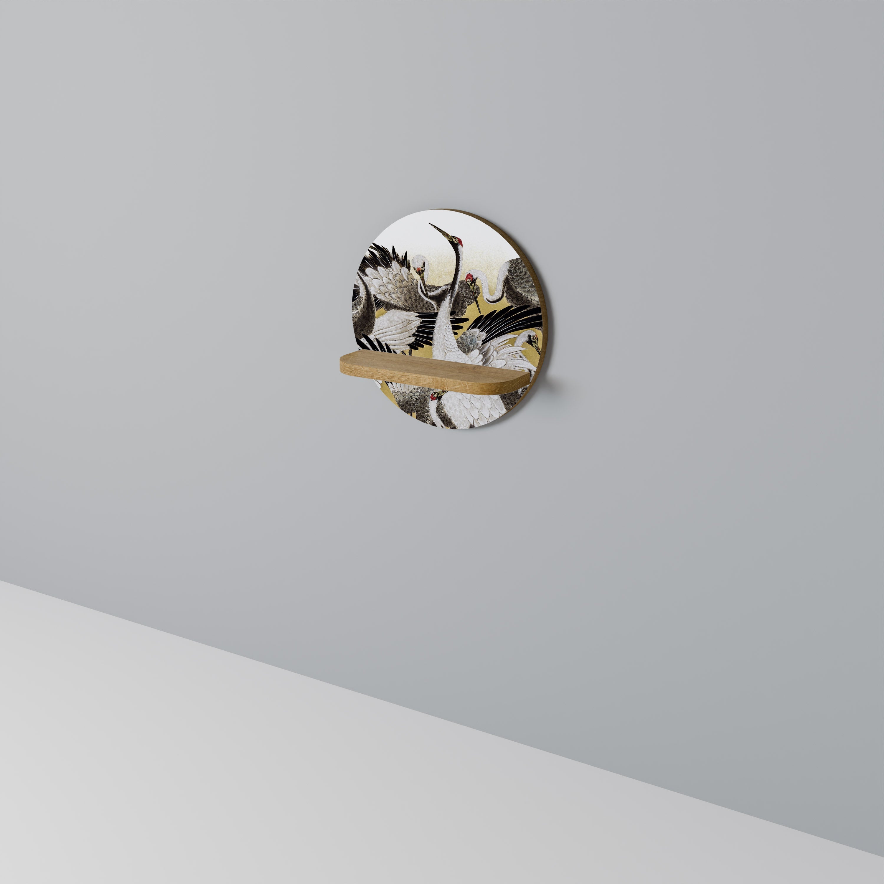 JAPANESE FLOCK OF CRANES Prateleira Redonda Decorativa em Efeito Carvalho