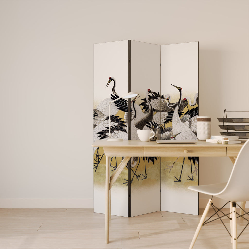 JAPANESE FLOCK OF CRANES Decorative 3-Panel Room Divider