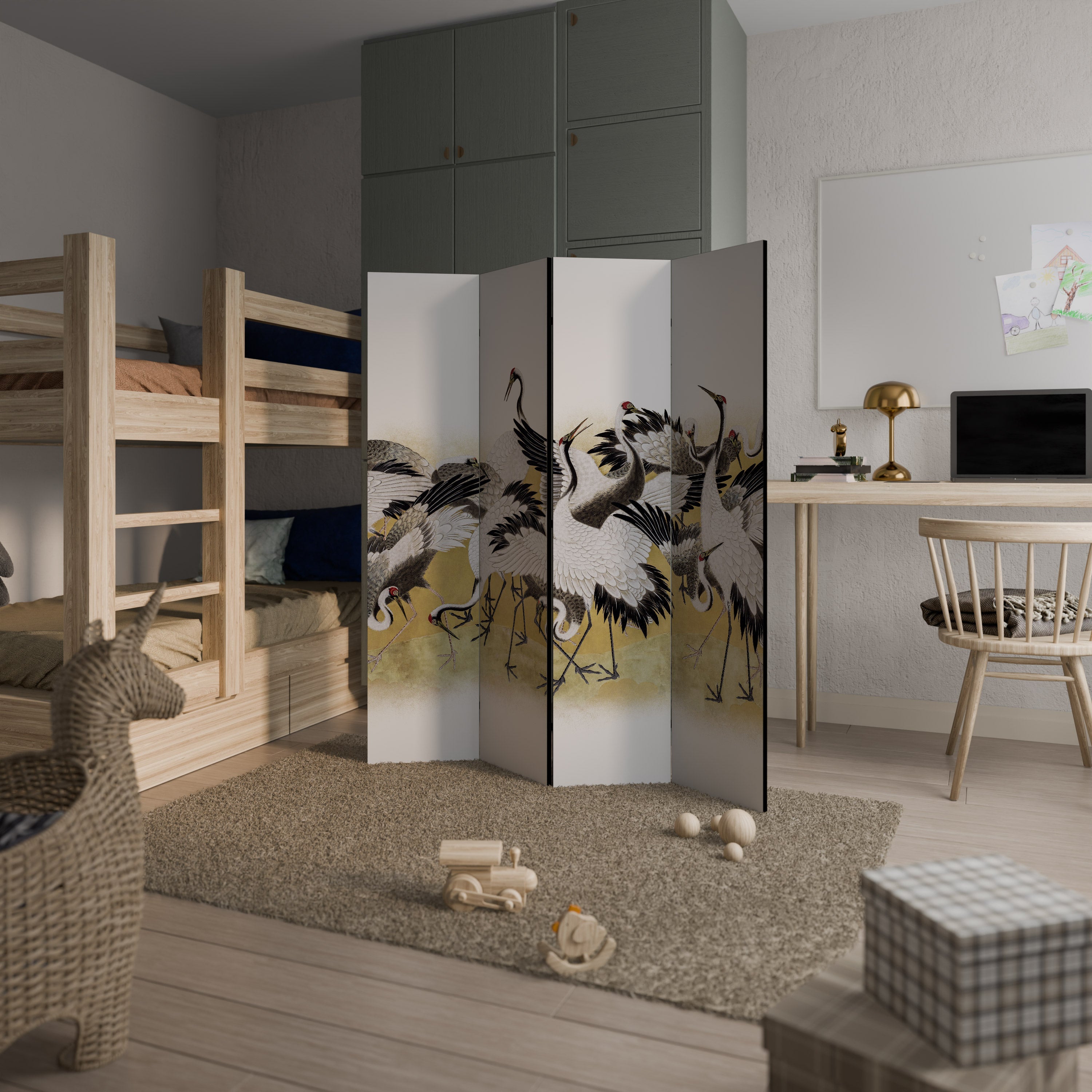 JAPANESE FLOCK OF CRANES Decorative 4-Panel Room Divider