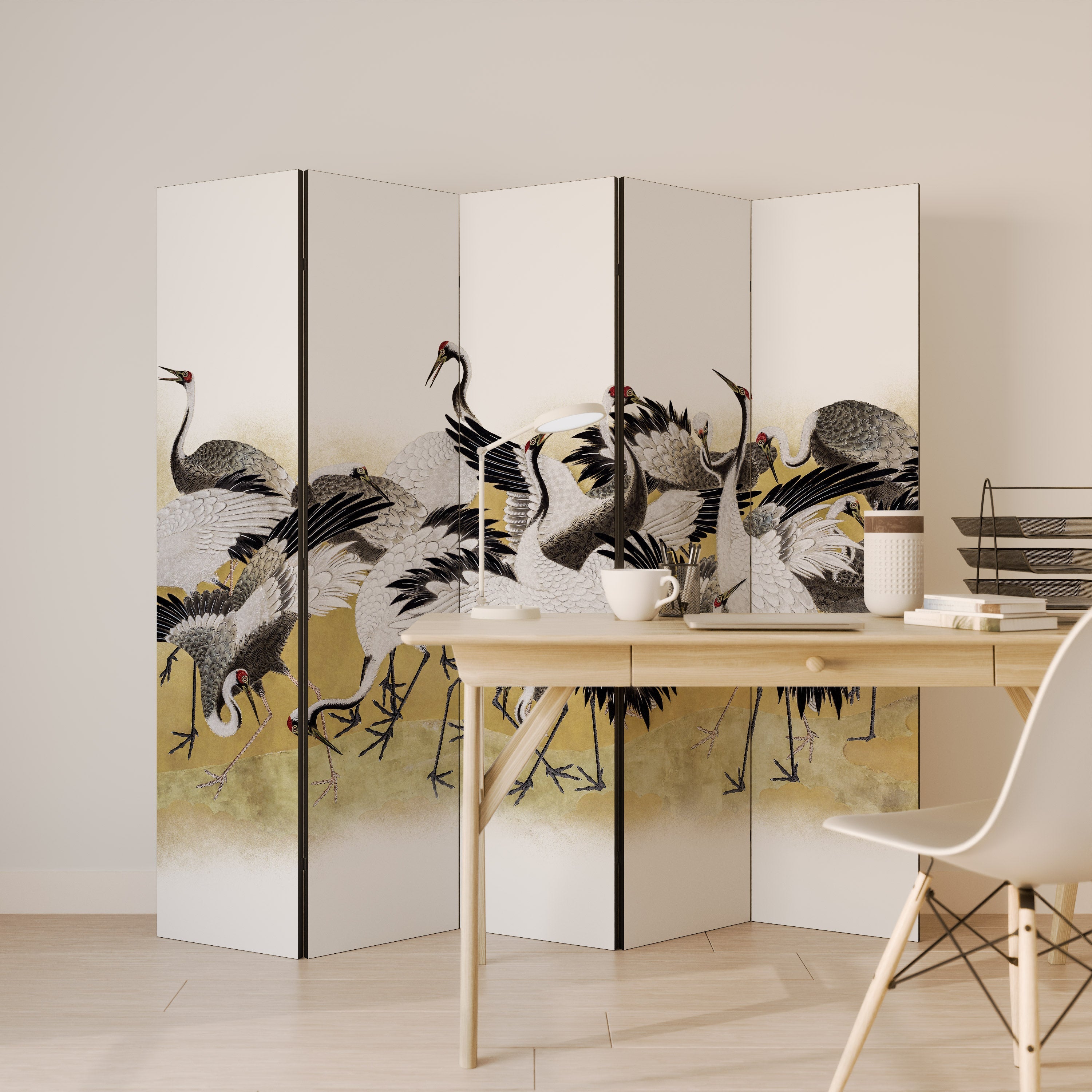 JAPANESE FLOCK OF CRANES Decorative 5-Panel Room Divider