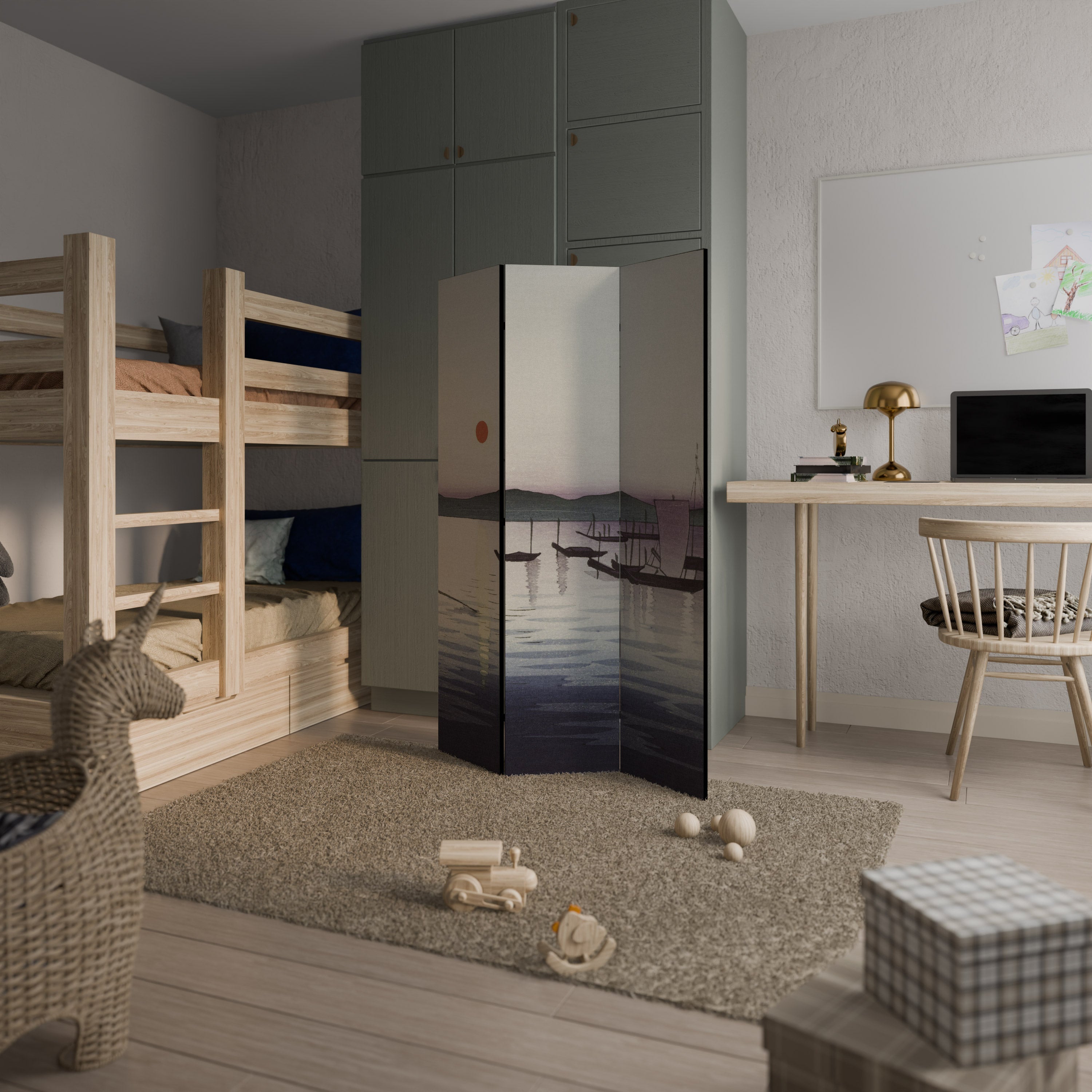 BOATS AND SETTING SUN Decorative 3-Panel Room Divider