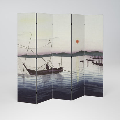 BOATS AND SETTING SUN 5-Panel Room Divider