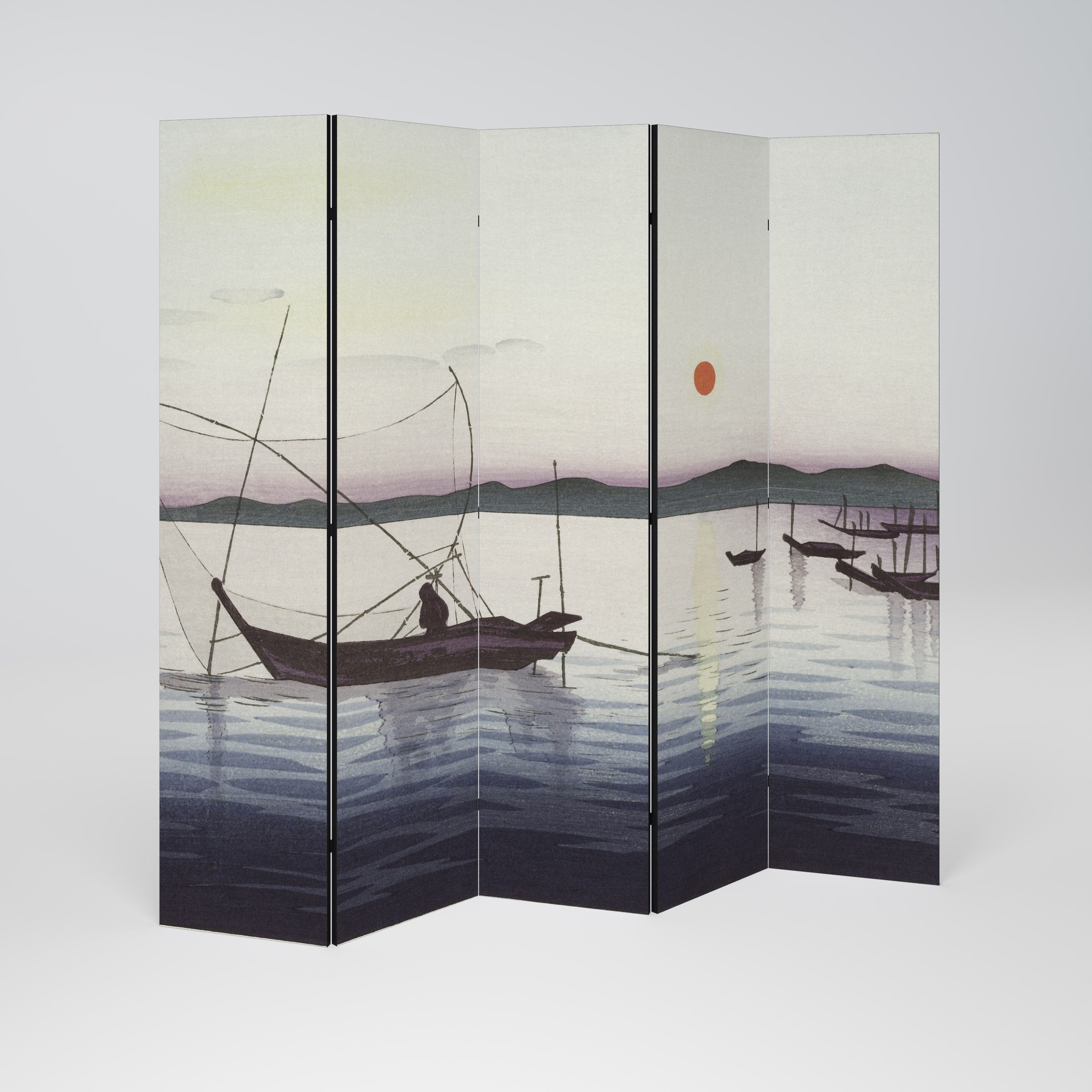 BOATS AND SETTING SUN Decorative 5-Panel Room Divider