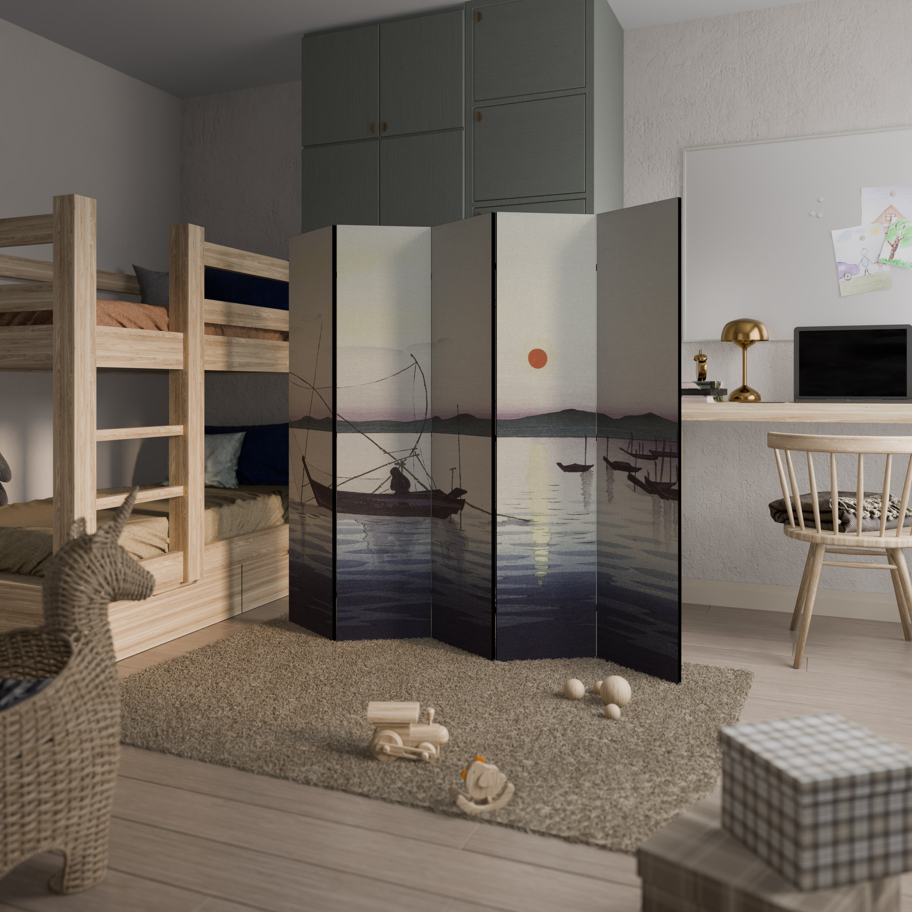 BOATS AND SETTING SUN 5-Panel Room Divider