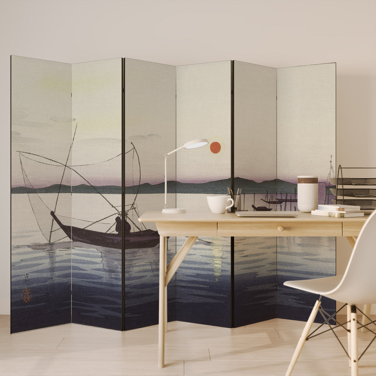 BOATS AND SETTING SUN Biombo de 6 Painéis