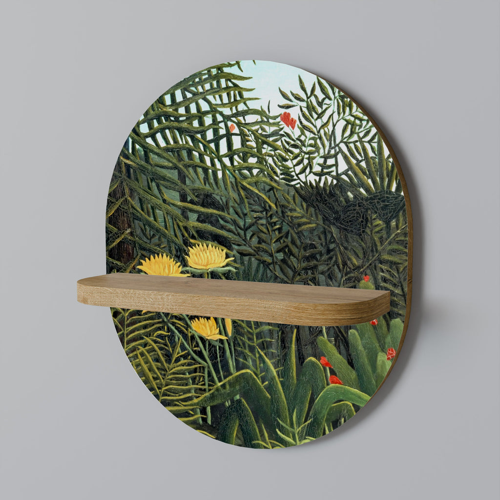 VIRGIN FOREST WITH SUNSET Oval Art Shelf In Oak Effect