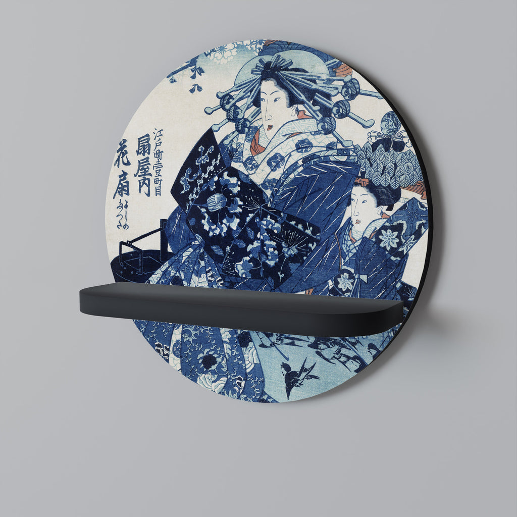 JAPANESE WOMAN Prateleira Redonda Decorativa em Acabamento Preto