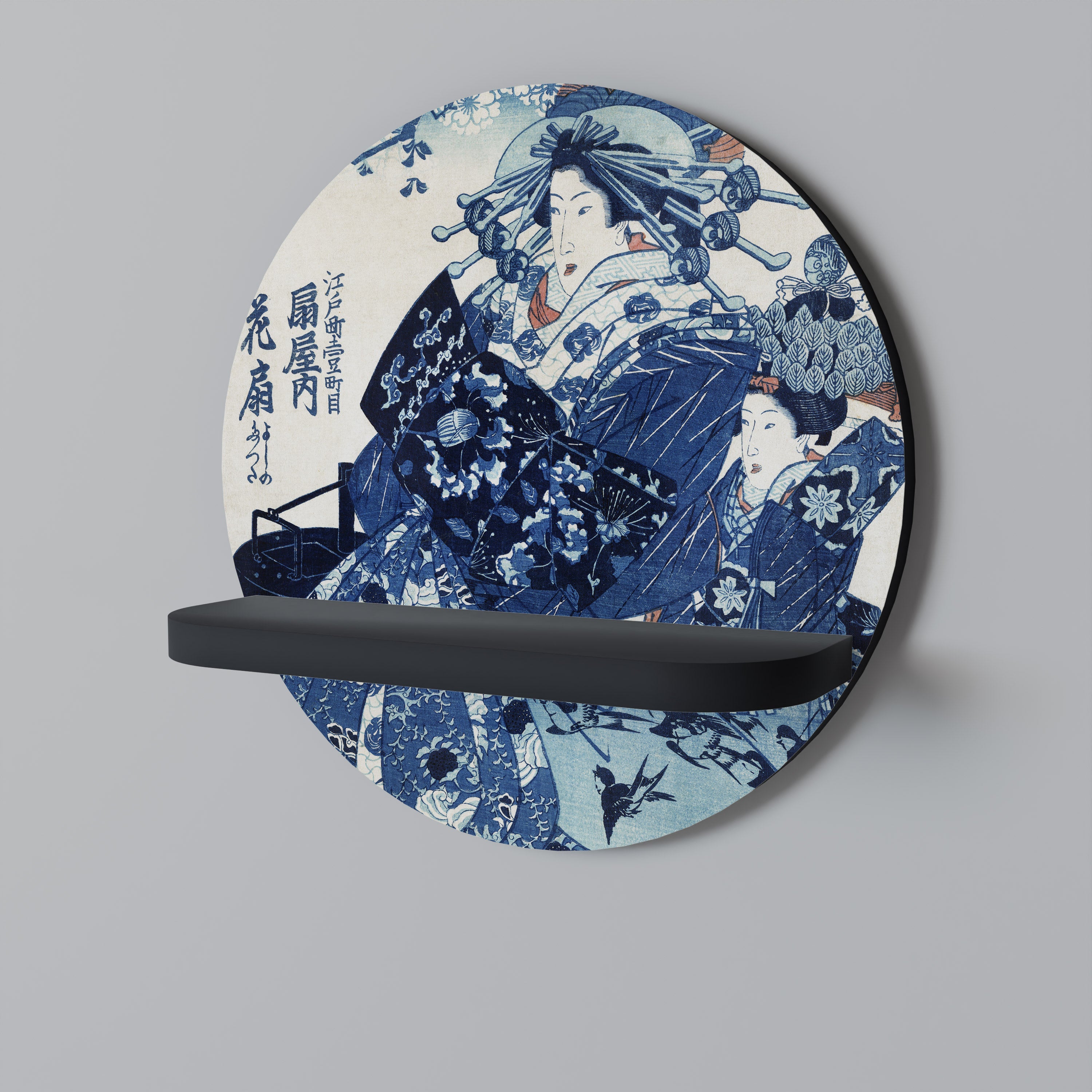 JAPANESE WOMAN Prateleira Redonda Decorativa em Acabamento Preto