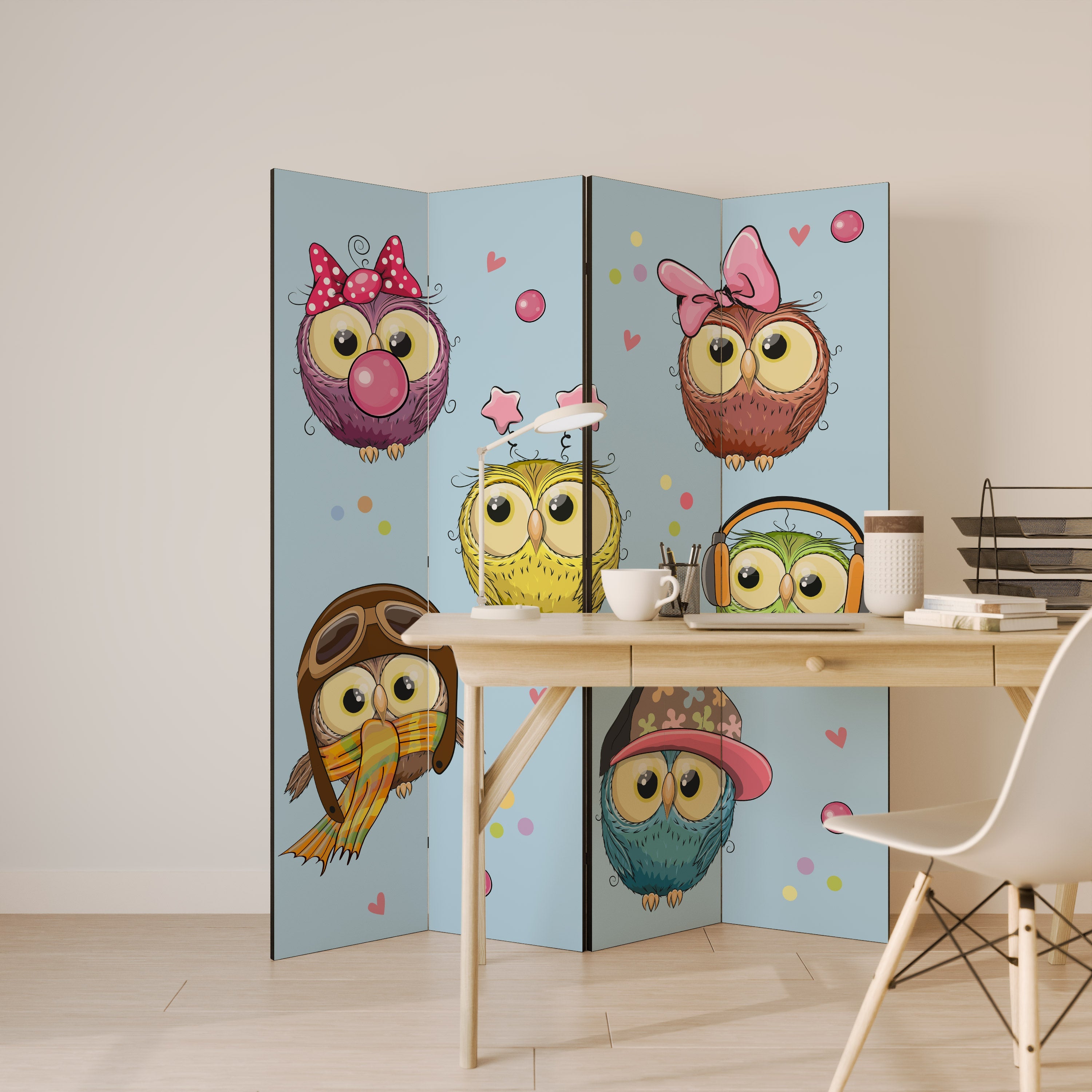 OWLY SQUAD Decorative 4-Panel Room Divider
