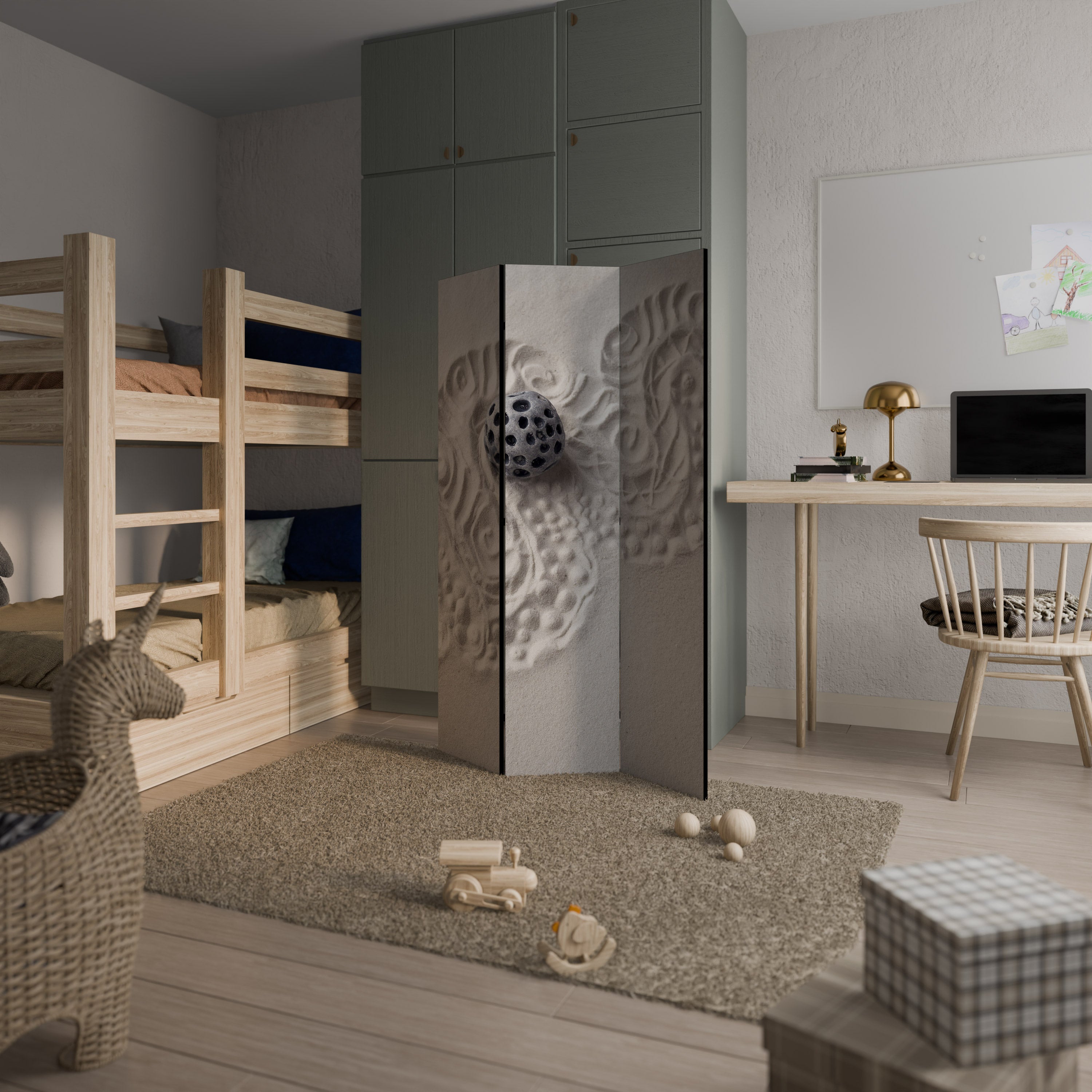 SAND SCULPTED SERENITY Biombo Decorativo de 3 Painéis