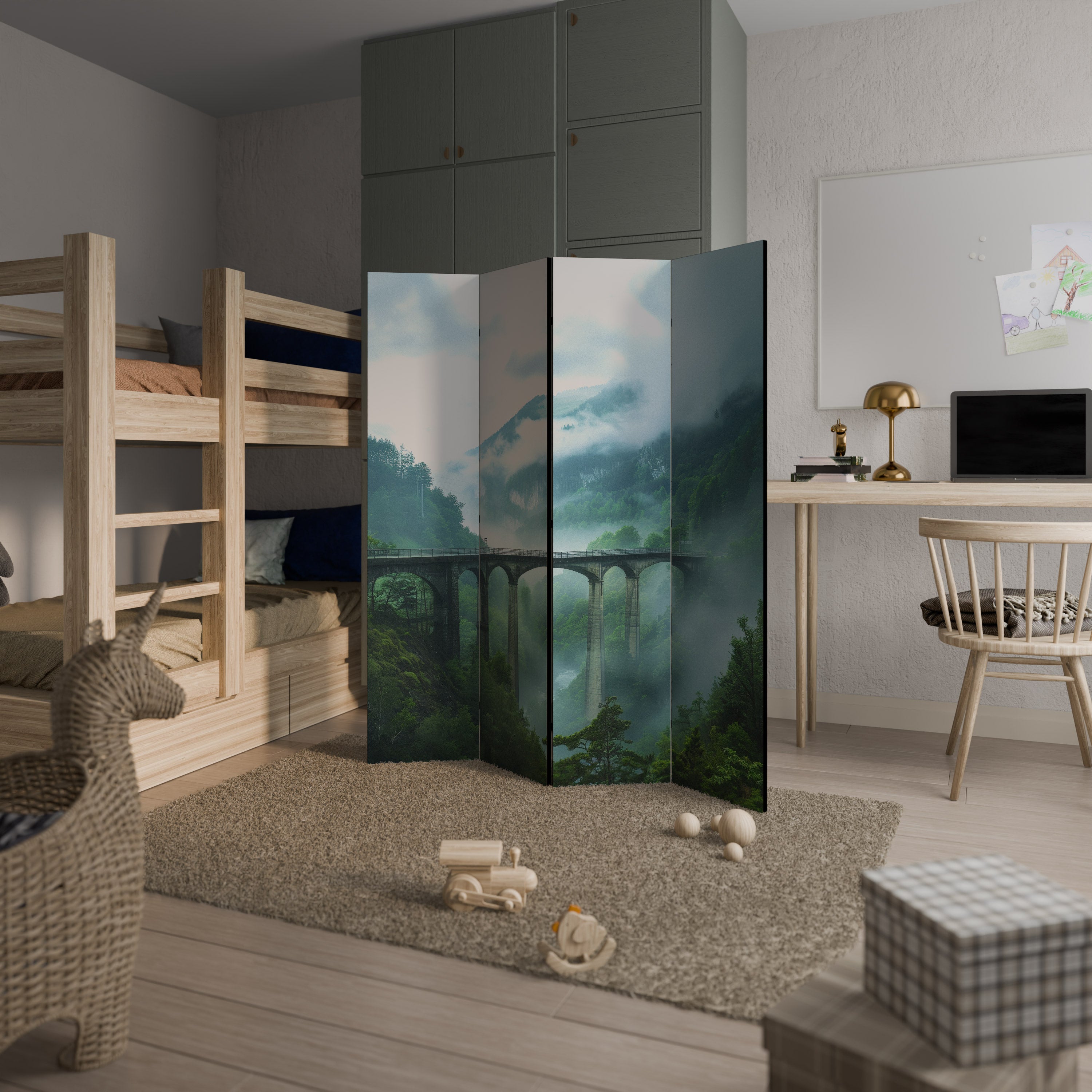 MISTY MOUNTAIN BRIDGES Decorative 4-Panel Room Divider