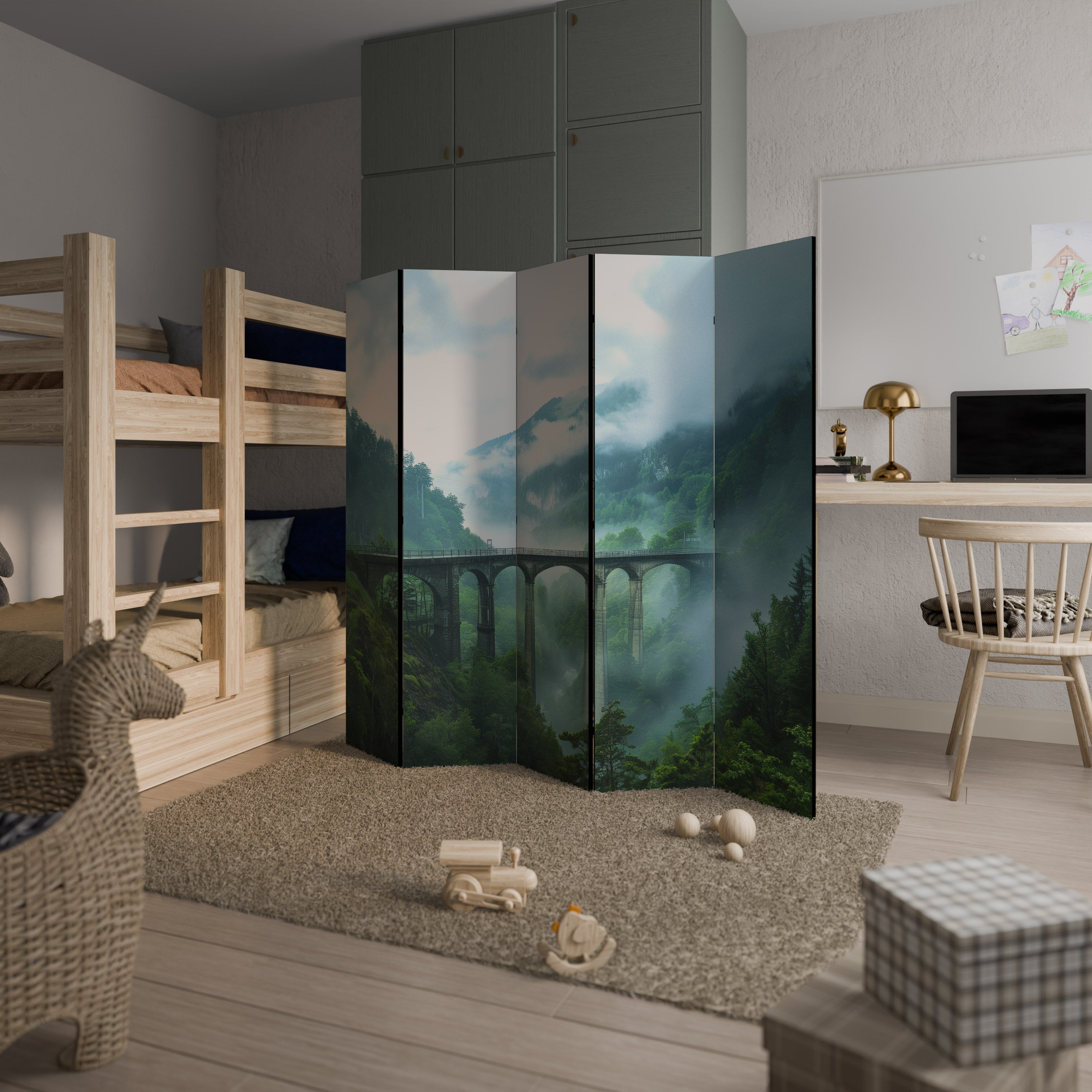 MISTY MOUNTAIN BRIDGES Decorative 5-Panel Room Divider