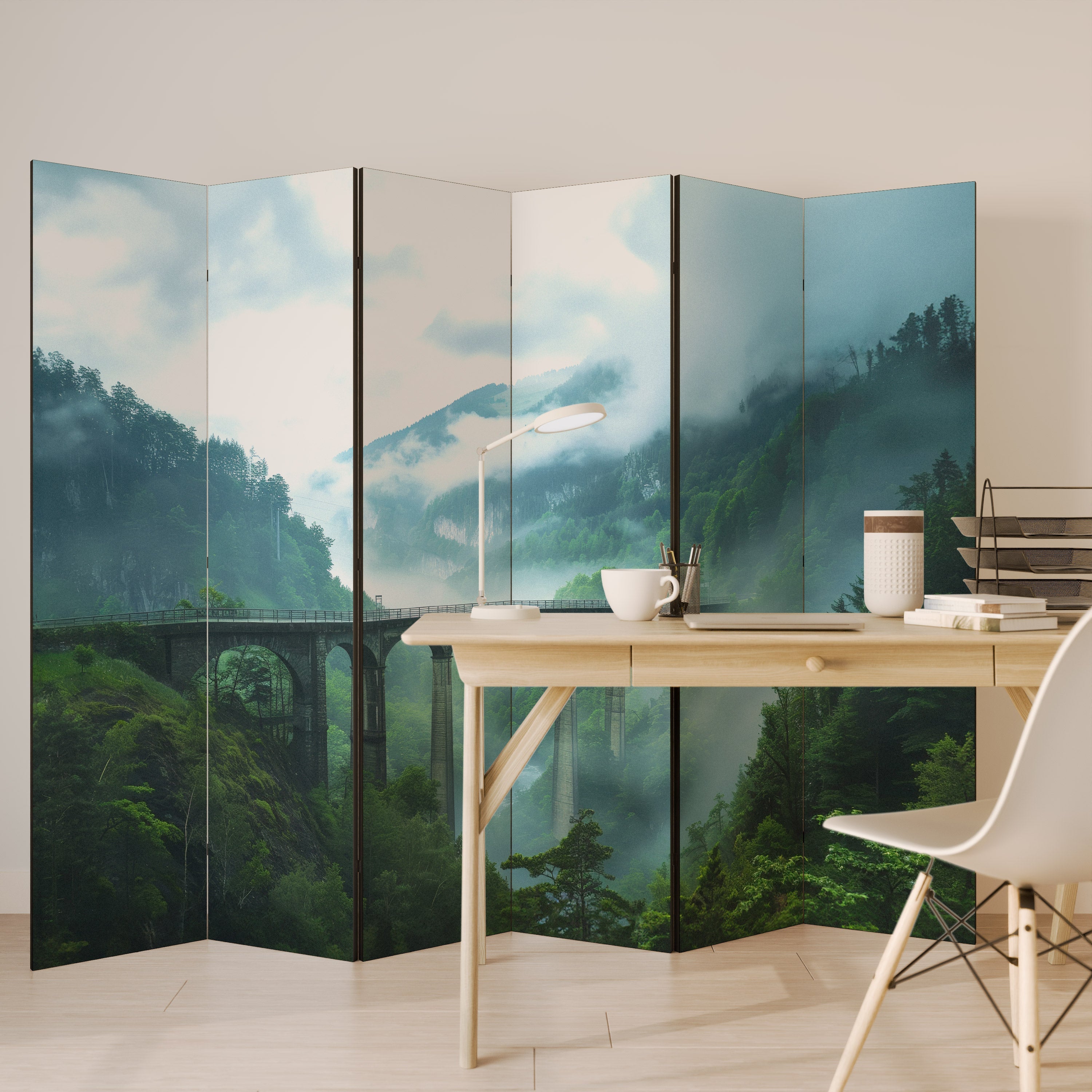MISTY MOUNTAIN BRIDGES Decorative 6-Panel Room Divider