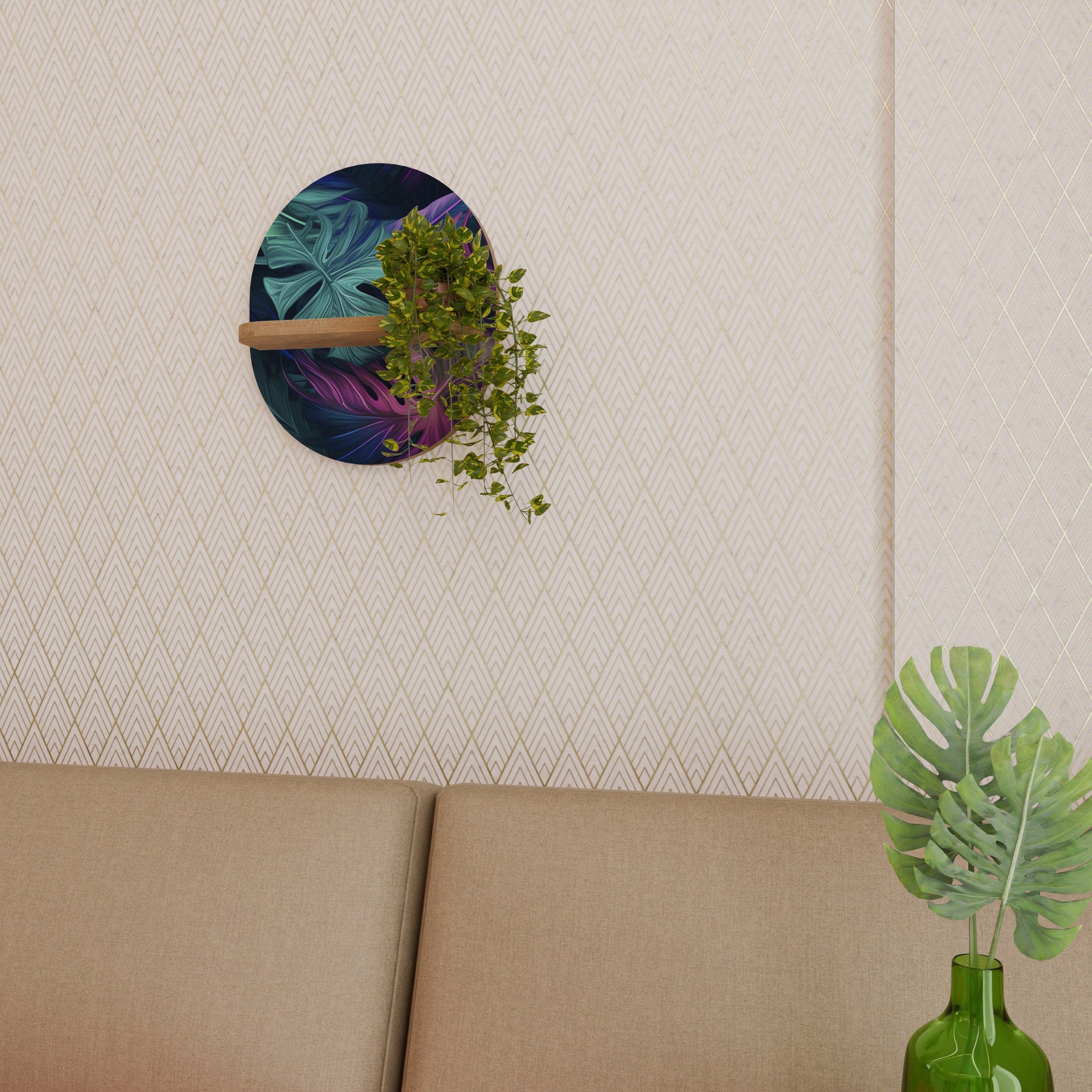 PSYCHODELIC MONSTERA Prateleira Oval Decorativa em Efeito Carvalho