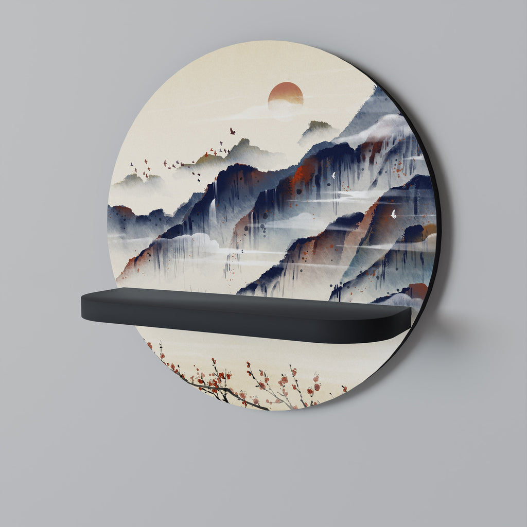 JAPANESE LANDSCAPE Round Art Shelf In Black Finish