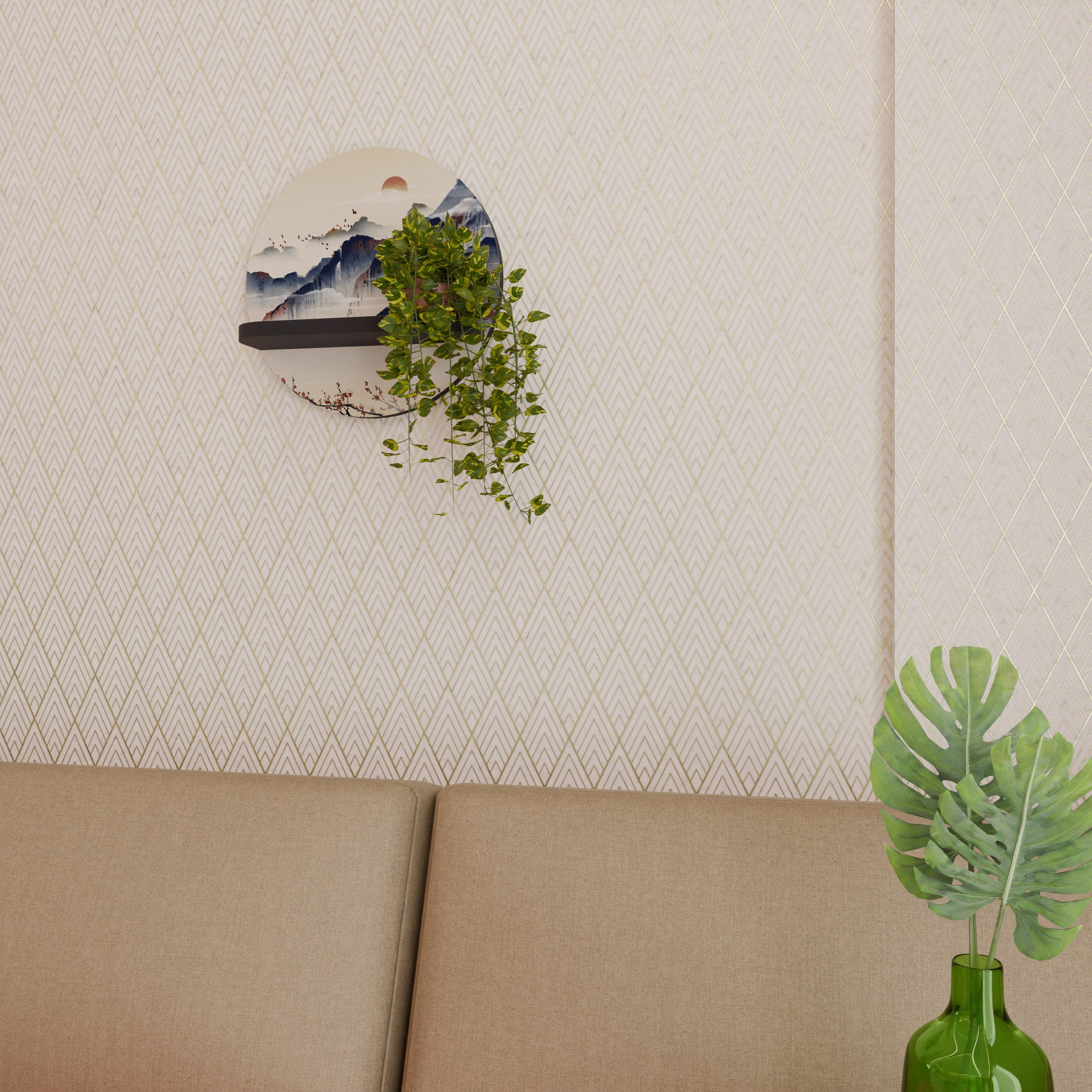 JAPANESE LANDSCAPE Prateleira Redonda Decorativa em Acabamento Preto