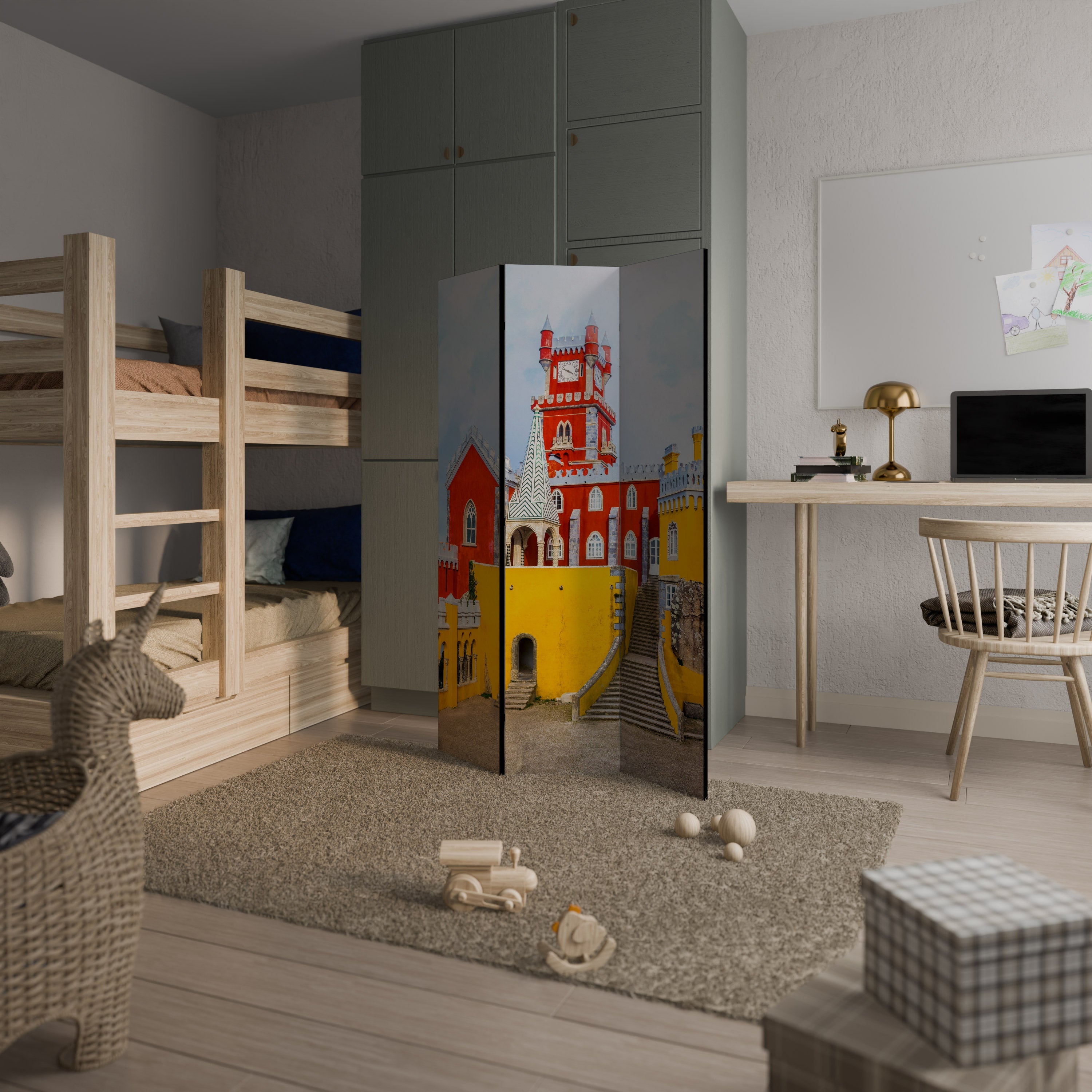 COLORFUL CASTLE CORRIDORS Biombo Decorativo de 3 Painéis