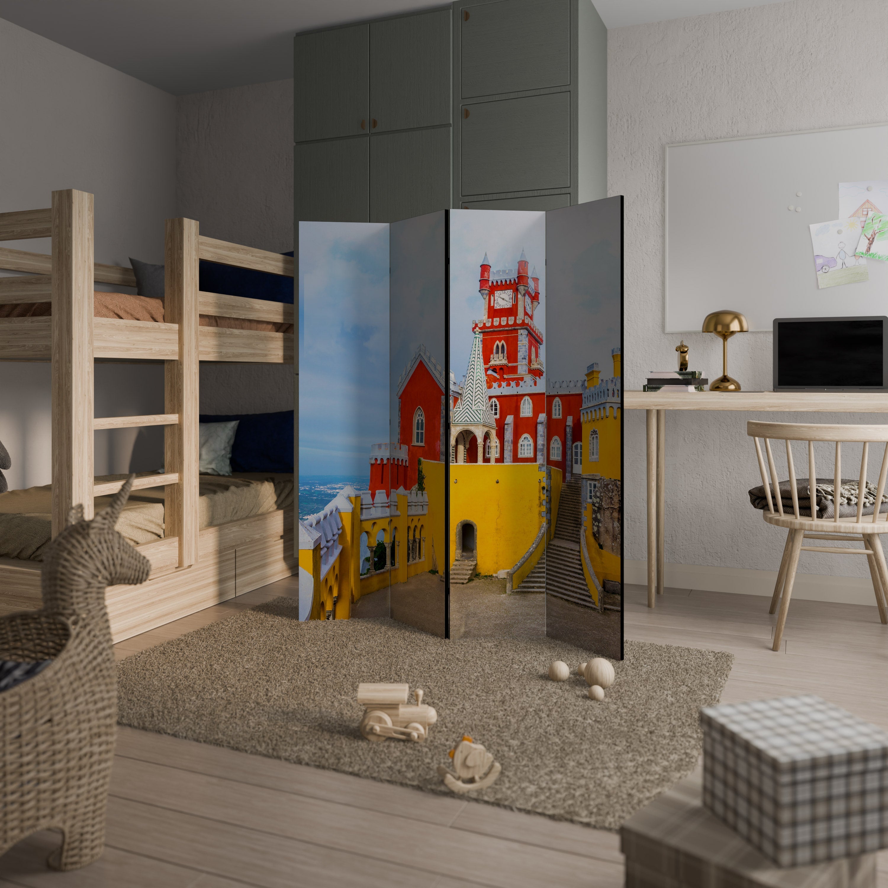 COLORFUL CASTLE CORRIDORS Biombo Decorativo de 4 Painéis