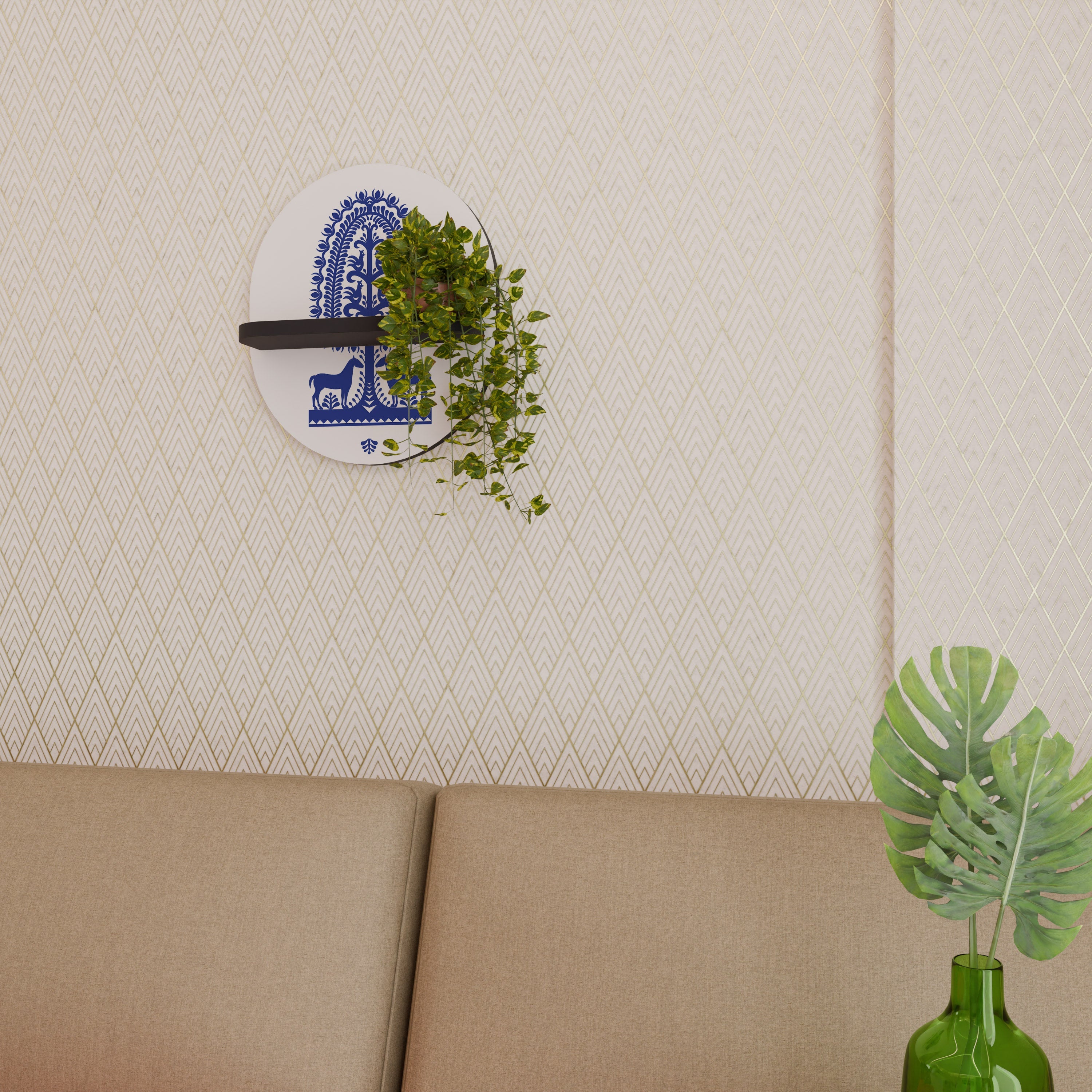 POLISH FOLK ART Prateleira Oval Decorativa em Acabamento Preto