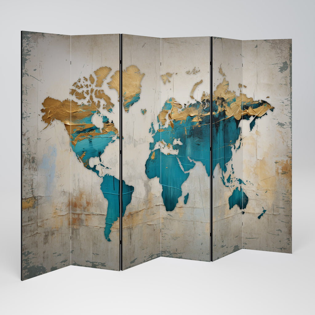 AZURE GILDED MAP 6-Panel Room Divider