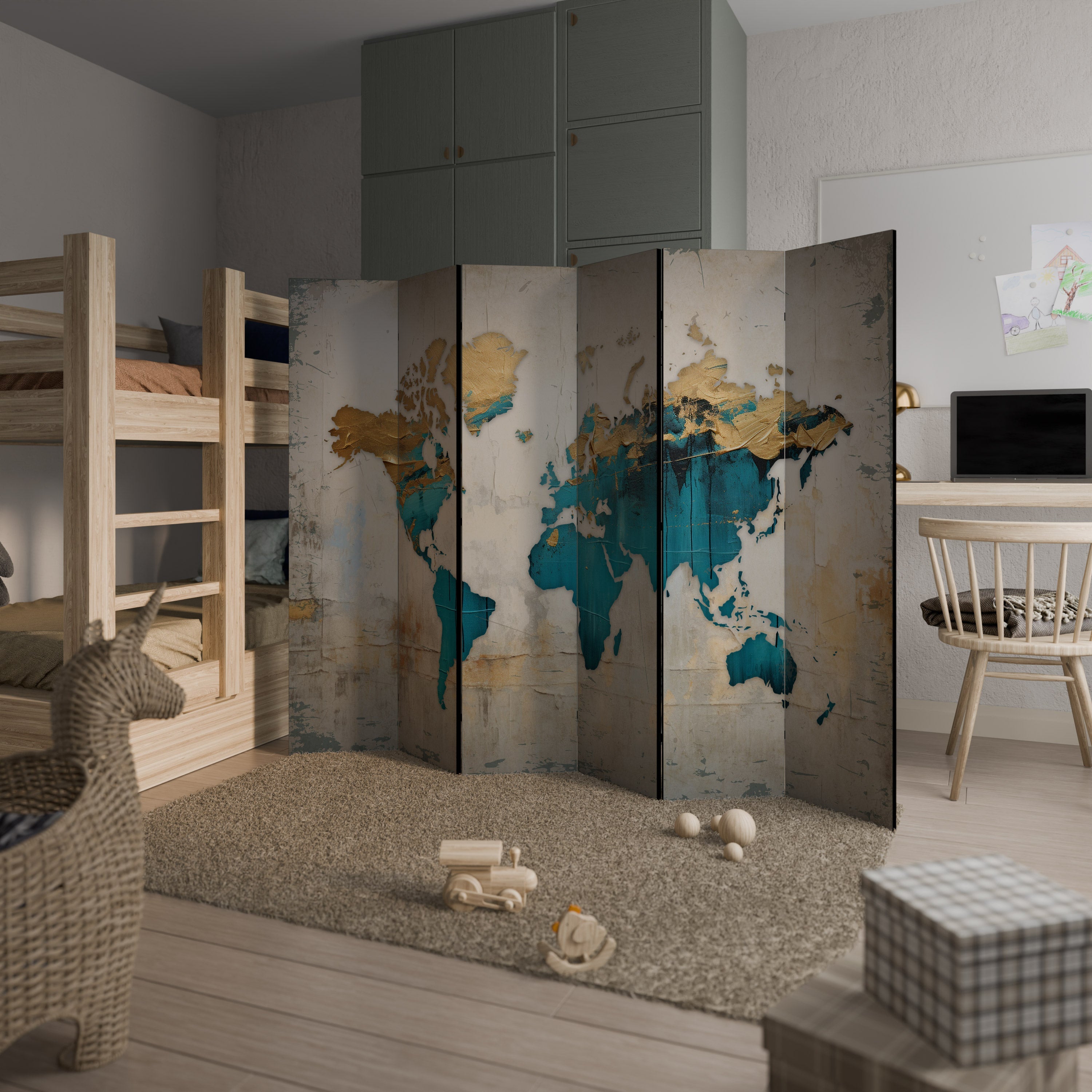 AZURE GILDED MAP Biombo Decorativo de 6 Painéis