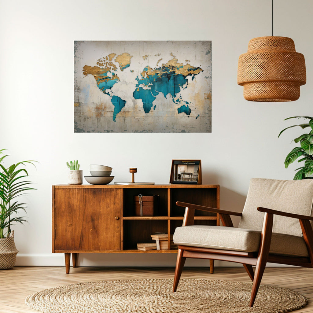 AZURE GILDED MAP Peel and Stick Horizontal Poster