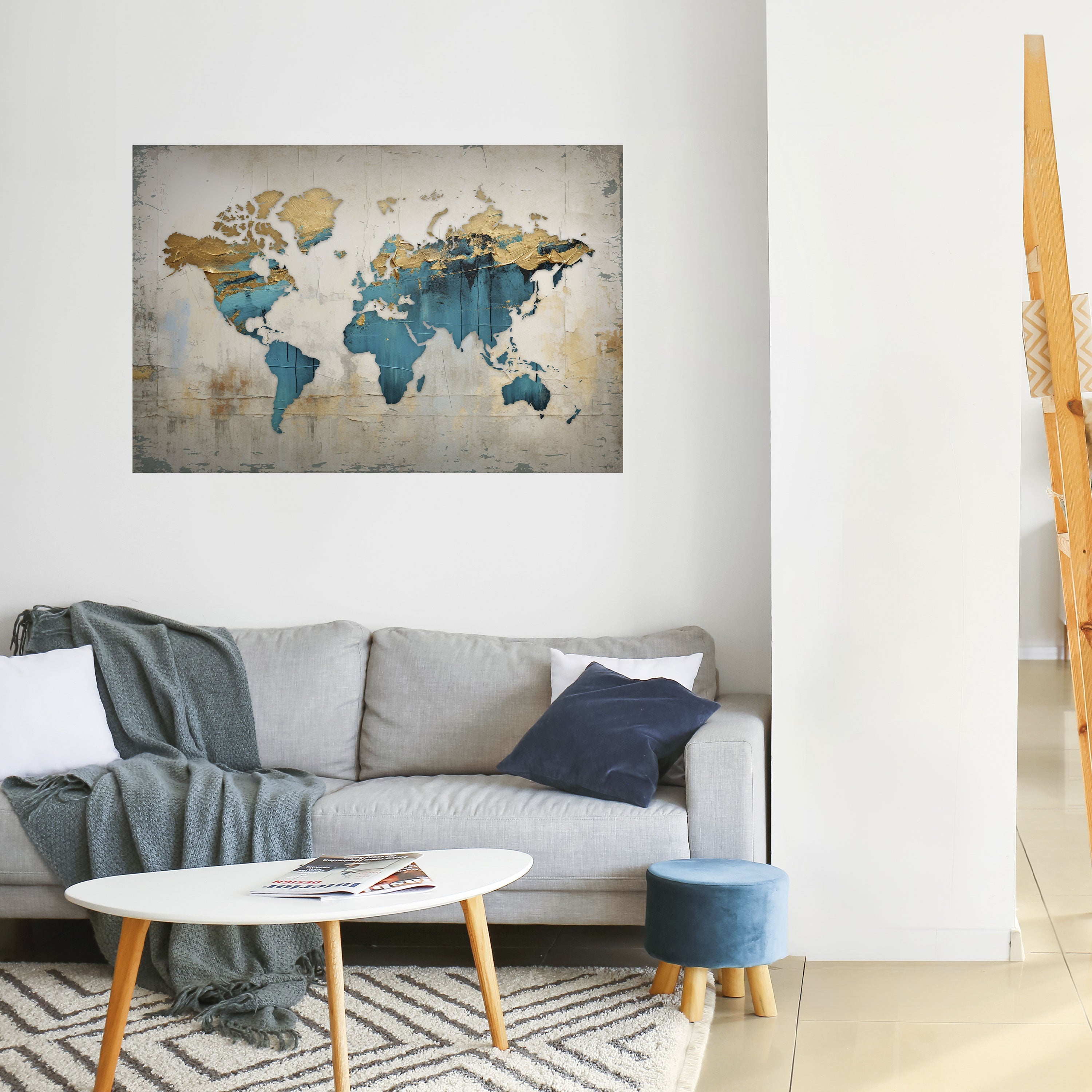 AZURE GILDED MAP Peel and Stick Horizontal Poster