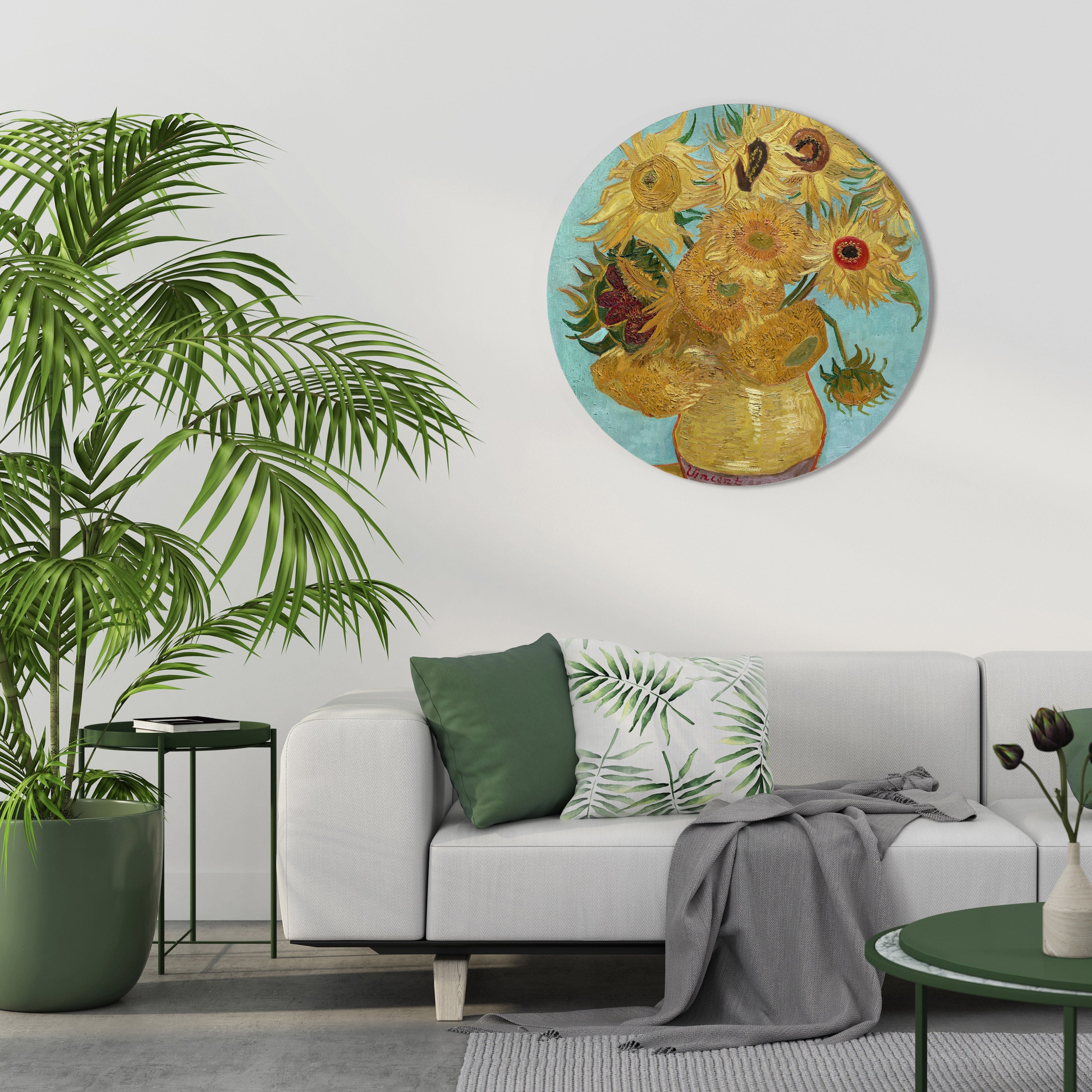 VASE WITH TWELVE SUNFLOWERS Round Wall Art