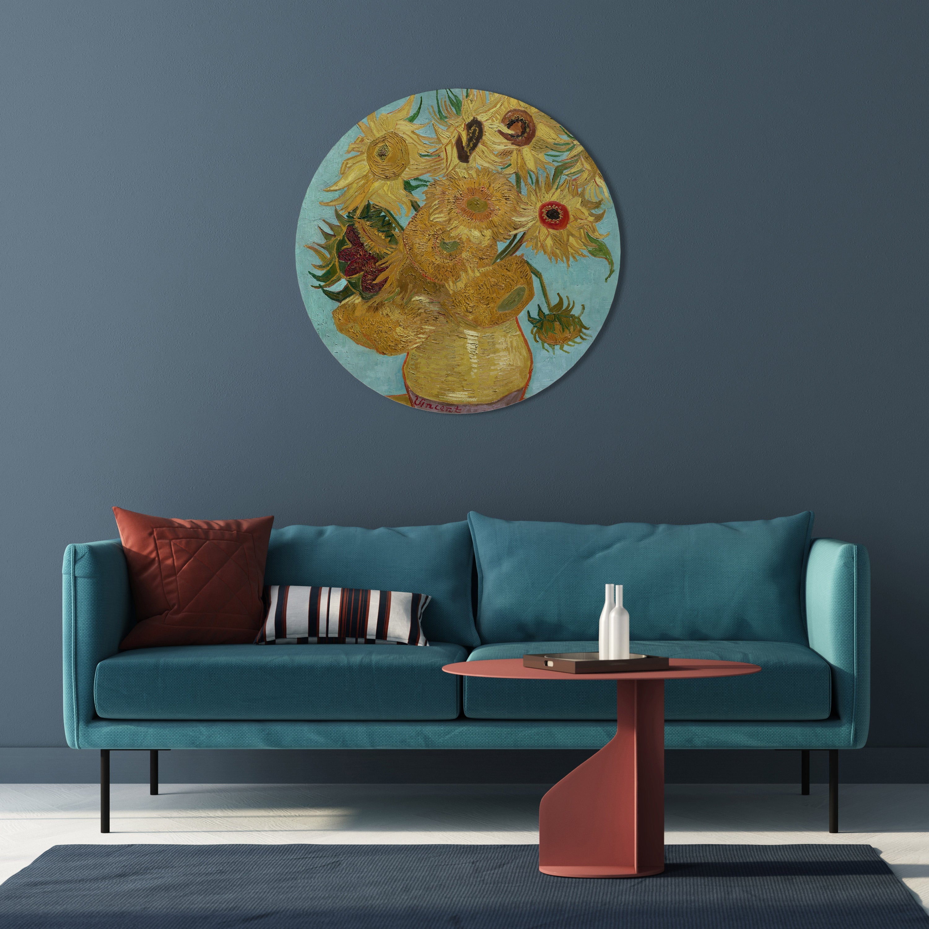 VASE WITH TWELVE SUNFLOWERS Round Wall Art